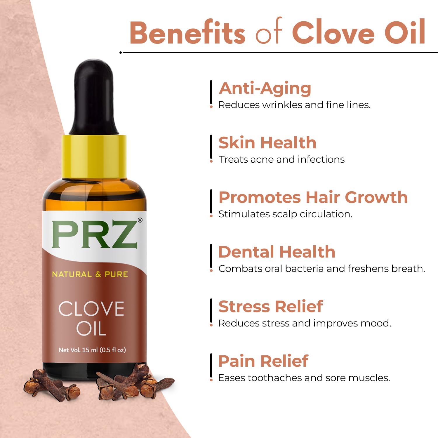 PRZ Pure Natural Therapeutic Grade Clove Essential Oil - 15ml for Aromatherapy, Body Massage, Skin & Hair Care | Perfect for Relaxation, Stress Relief & Home Spa Treatments