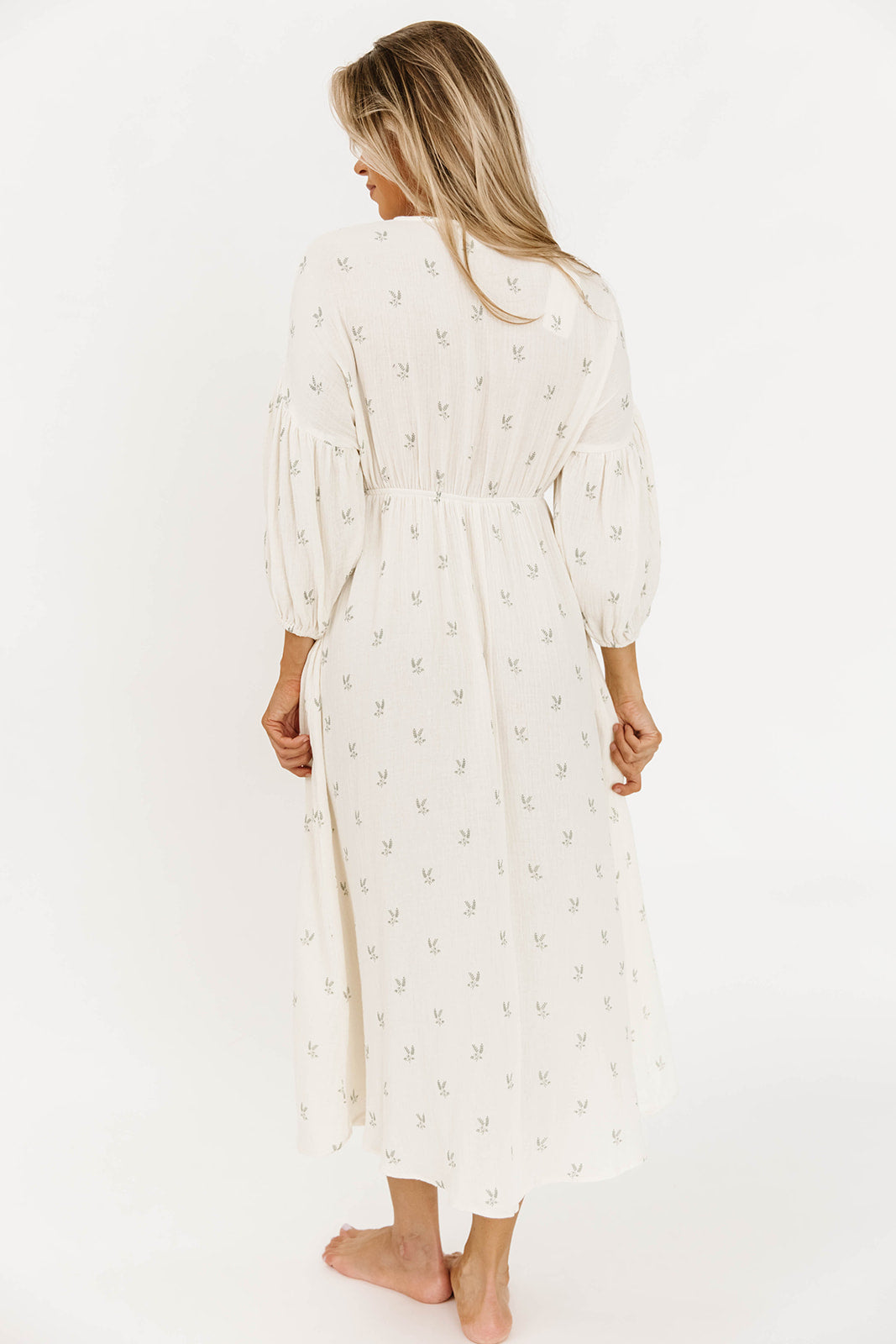 Hunter 100% Cotton Gauze Midi Dress in Soy/Sage Foliage - Bump Friendly Maternity Dress, Inclusive Sizing (XS-3X) - Perfect for Summer, Beach, and Boho Style Outfits