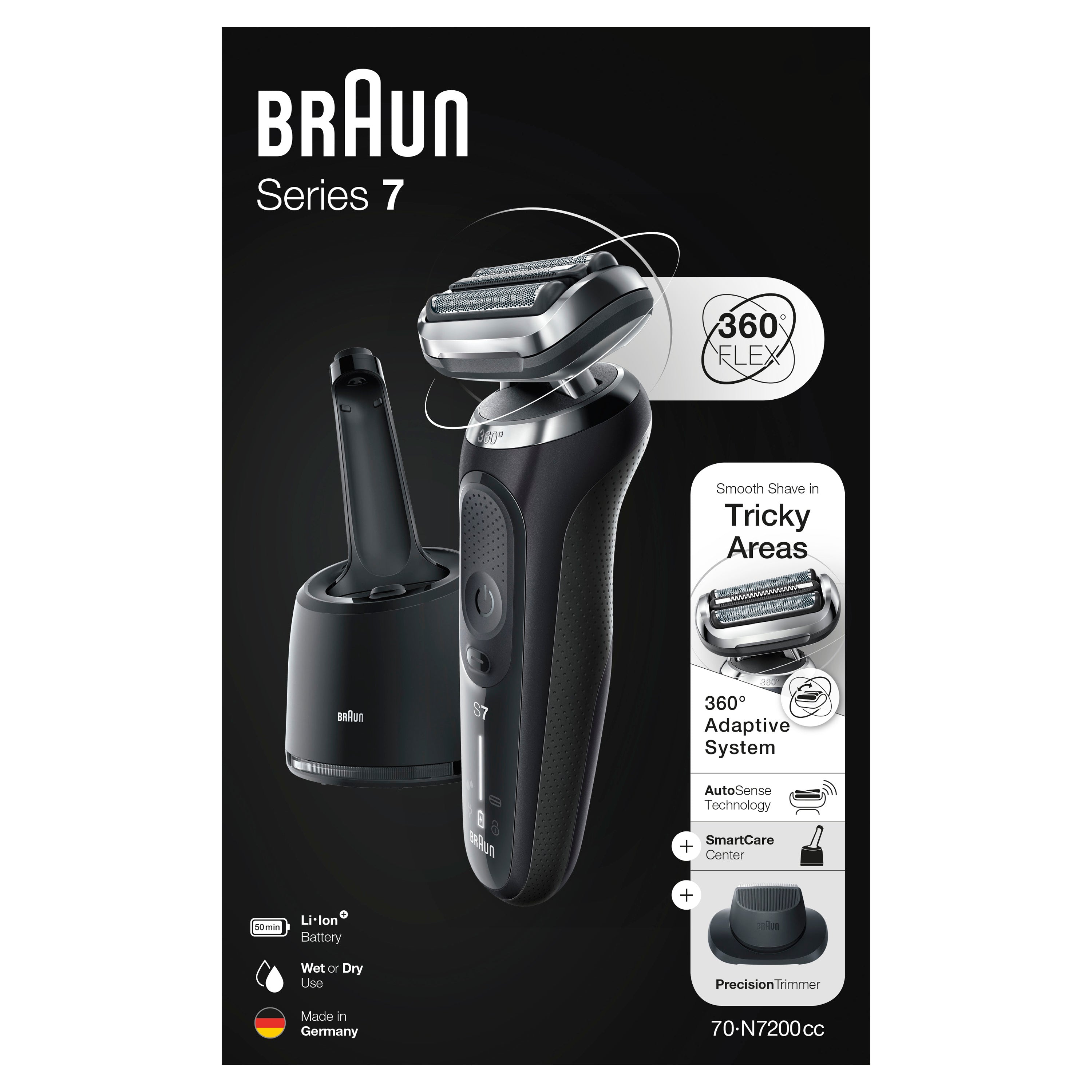 Braun Series 7 70-N7200cc Men's Electric Shaver - Wet & Dry Foil Shaver with Cleaning Station & EasyClick Trimmer Attachments - Black - Perfect for Travel & Daily Grooming