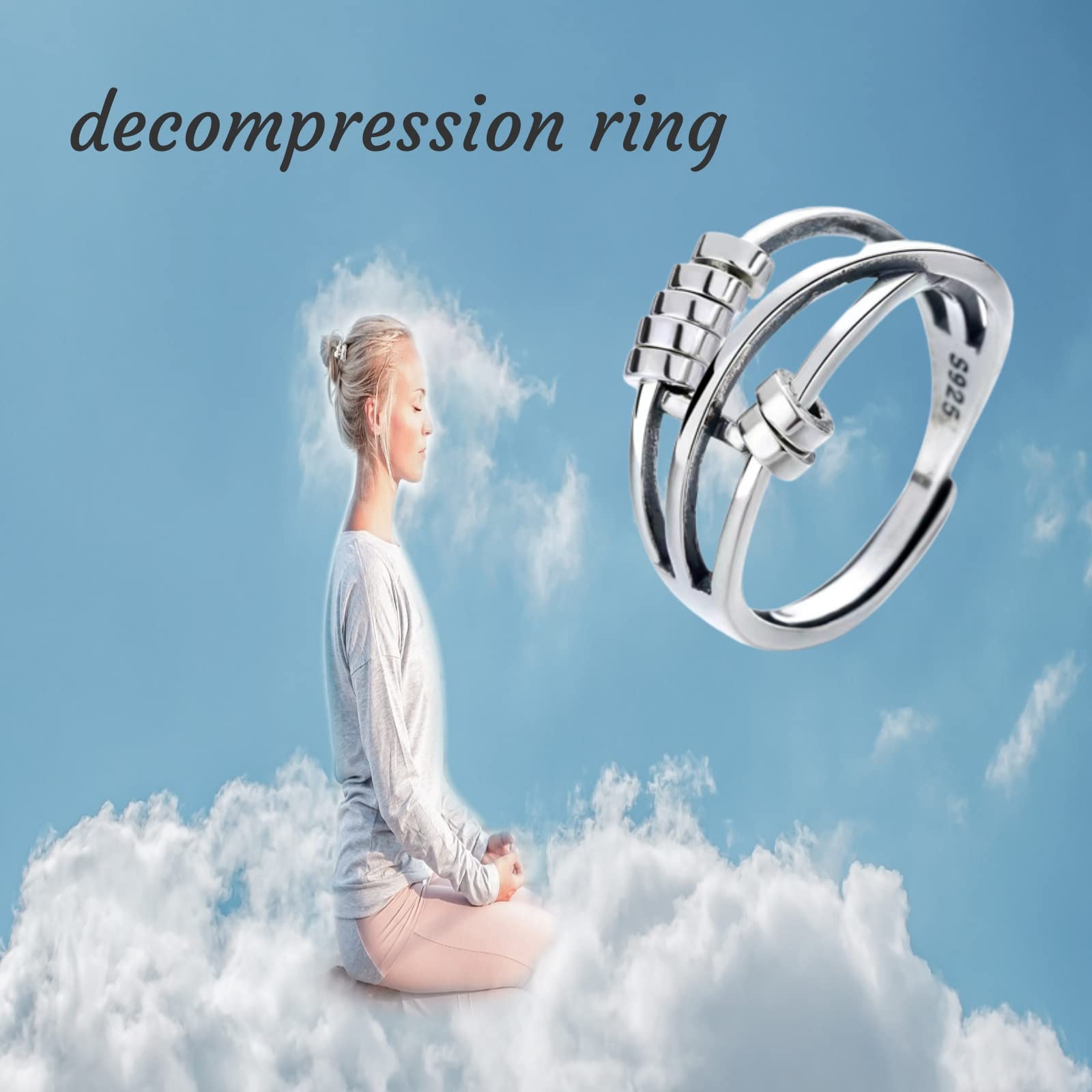 925 Sterling Silver Anxiety Relief Fidget Ring for Women & Men - Adjustable Spinner Ring with Beads for Stress Relief, ADHD & Focus - Perfect for Office, Travel & Daily Wear