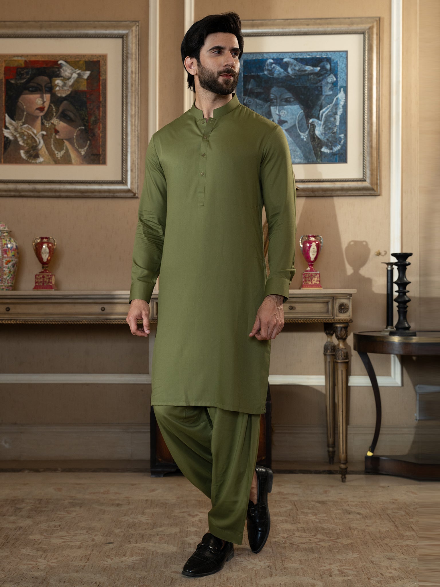 Blended Burberry Sedar Green Kurta Trouser by J. Junaid Jamshed - Premium Pakistani Traditional Outfit for Men - Perfect for Eid, Weddings & Special Occasions