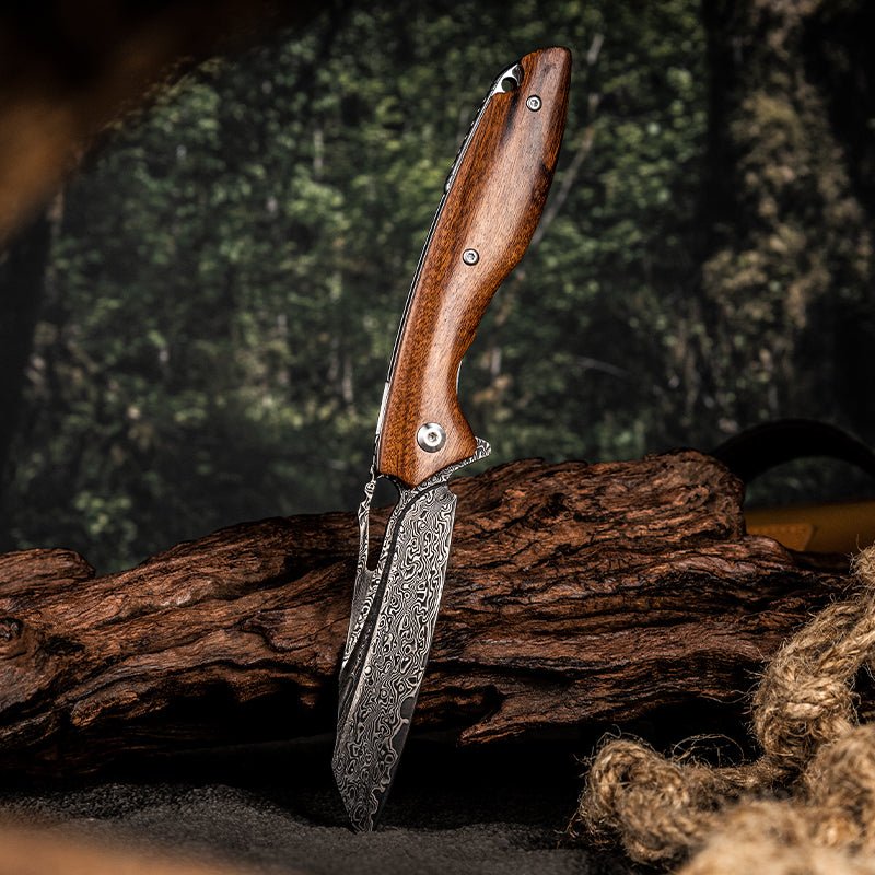 Premium Damascus Steel Pocket Knife - Handcrafted Vengeance Folding Knife with Exotic Red Sandalwood Handle - Perfect for Camping, Hiking & Outdoor Survival Gear