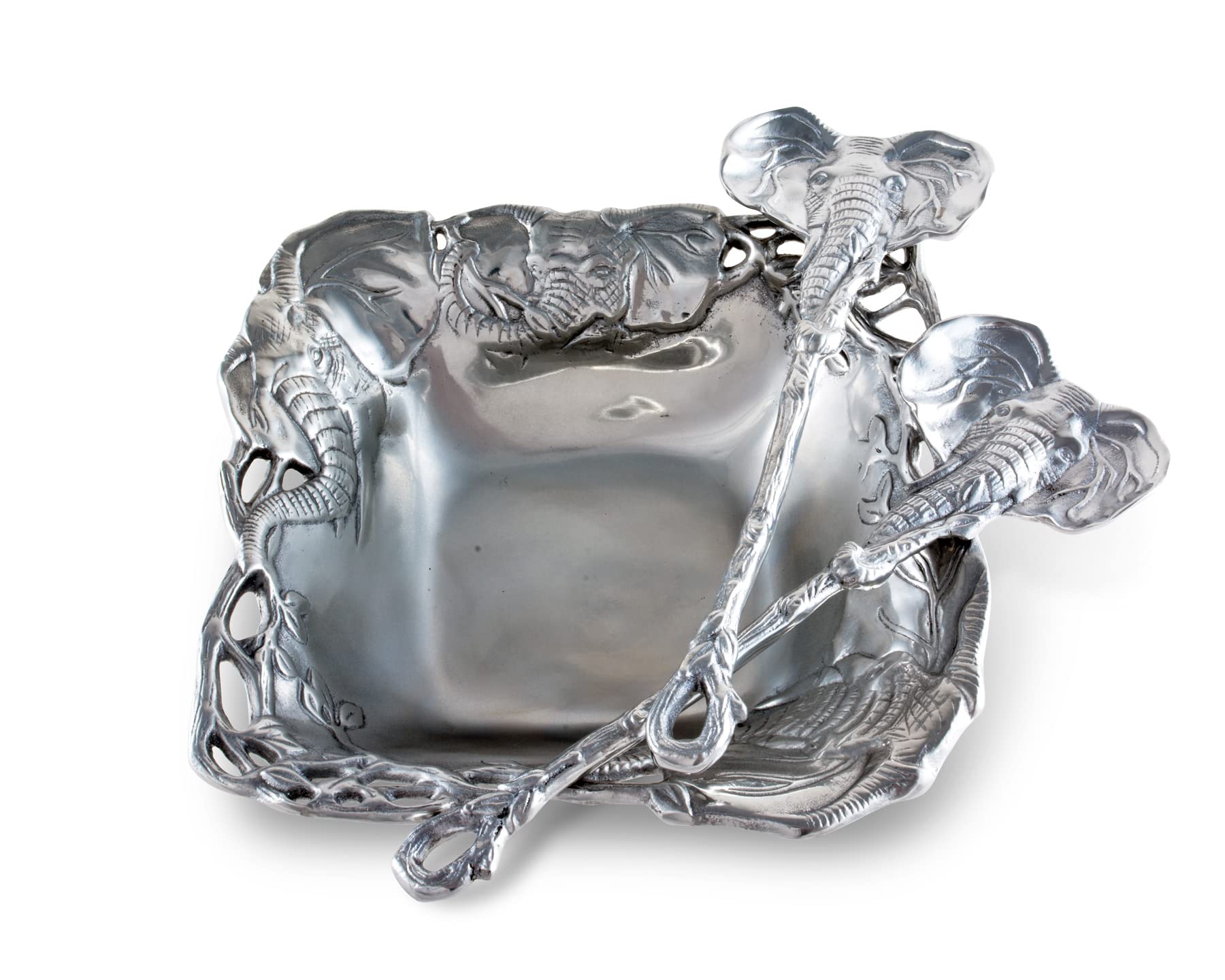 Arthur Court Designs 3-Piece Aluminum Elephant Salad & Fruit Serving Set - 9.75 Inch Bowl with Servers - Perfect for Parties, Picnics & Elegant Dining Decor