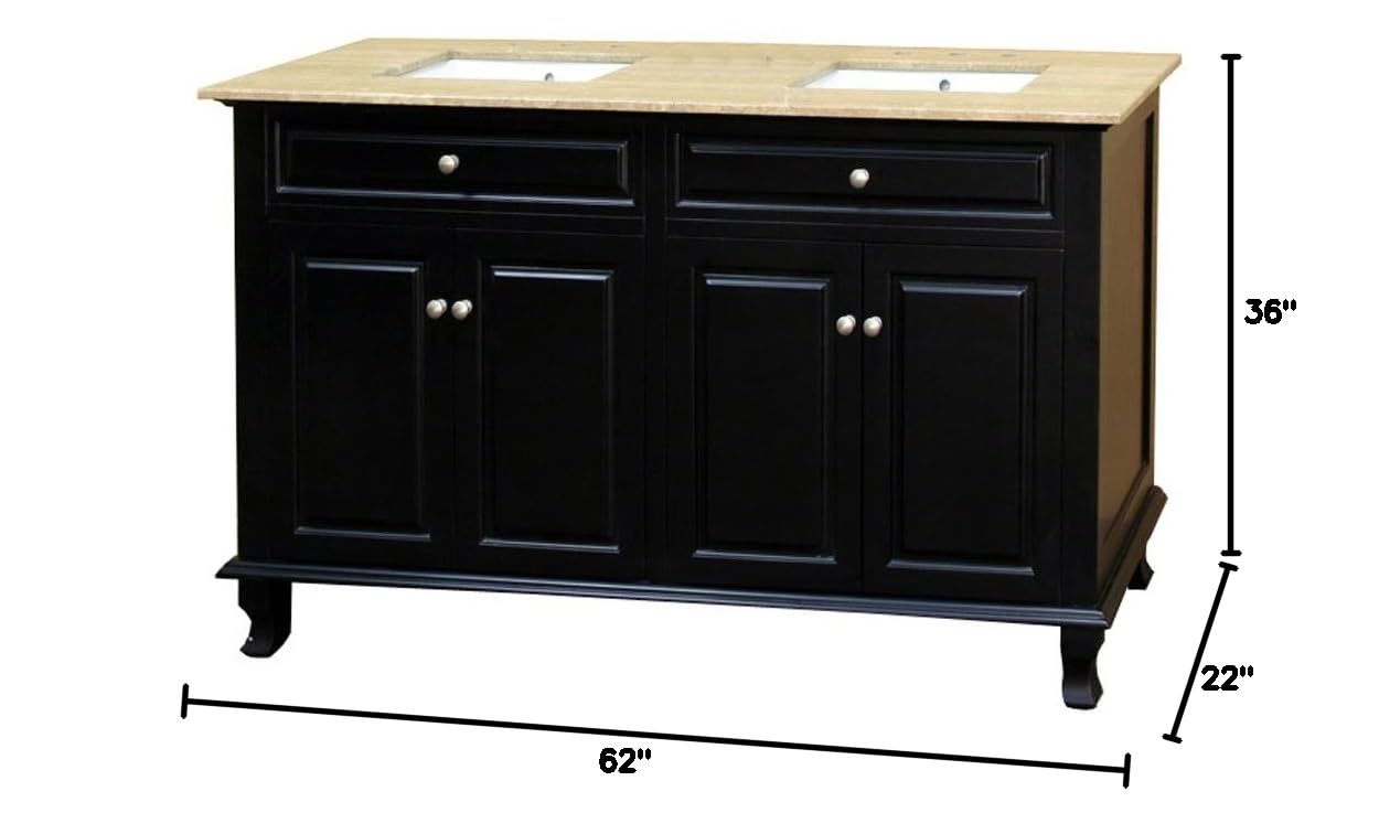 603215-62B-TR 62-Inch Double Sink Bathroom Vanity with Wood Frame & Travertine Top - Perfect for Master Bathroom or Guest Bath Remodel