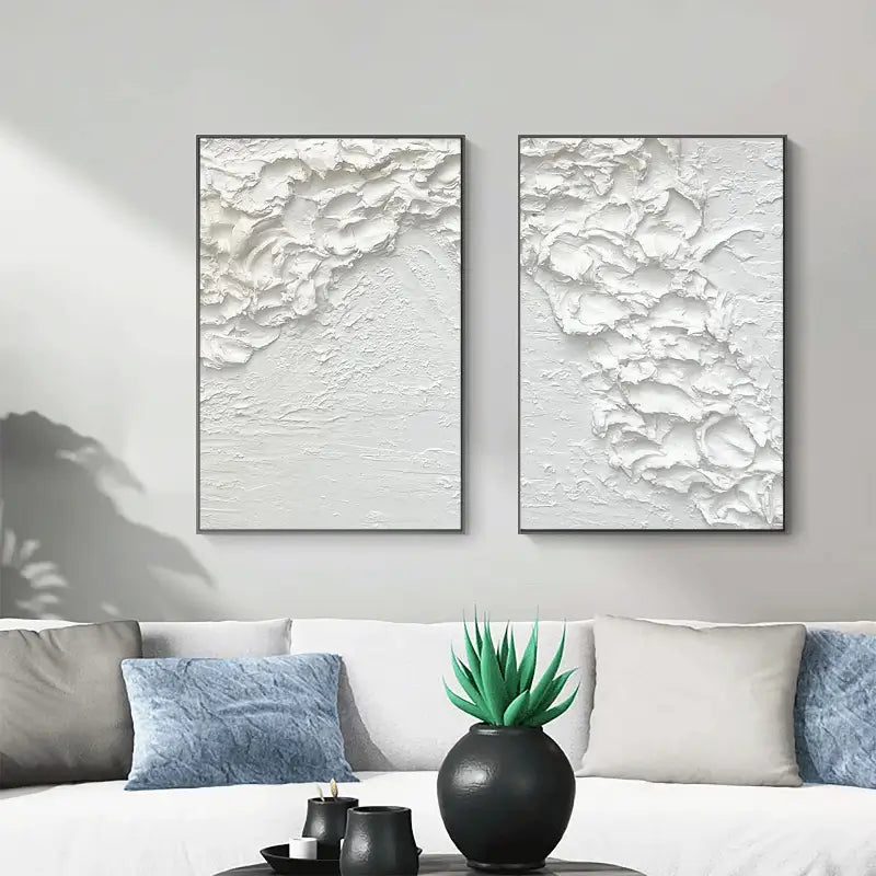 Minimalist White Textured Canvas Paintings - Set of 2 Modern Abstract Wall Art for Living Room & Bedroom Decor #MM061