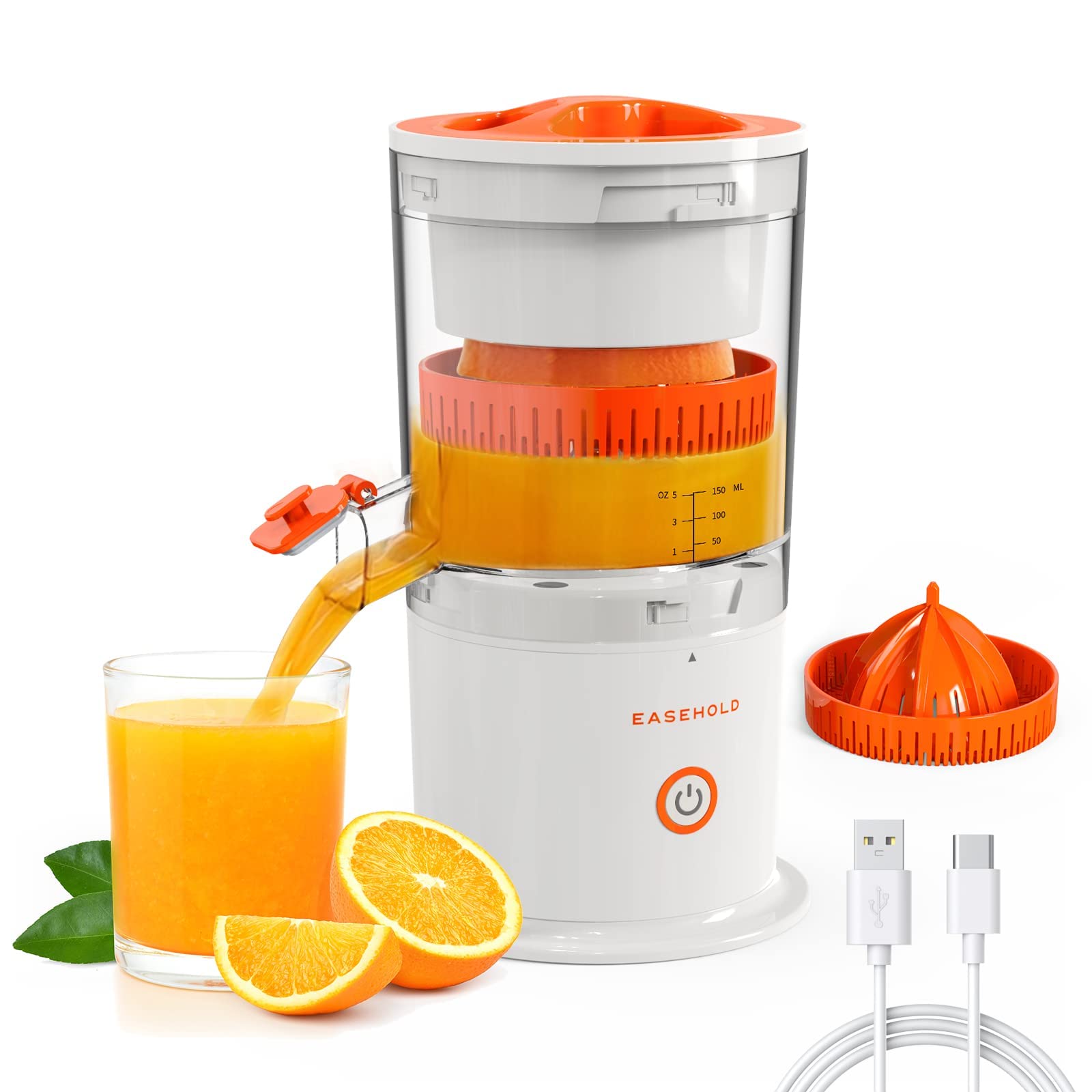 EASEHOLD Electric Citrus Juicer - Rechargeable USB Portable Orange/Lemon/Lime/Grapefruit Squeezer with 2 Juicer Cones | Hands-Free Automatic Fruit Juicer for Kitchen, Breakfast, Bar, Restaurant & Outdoor Use