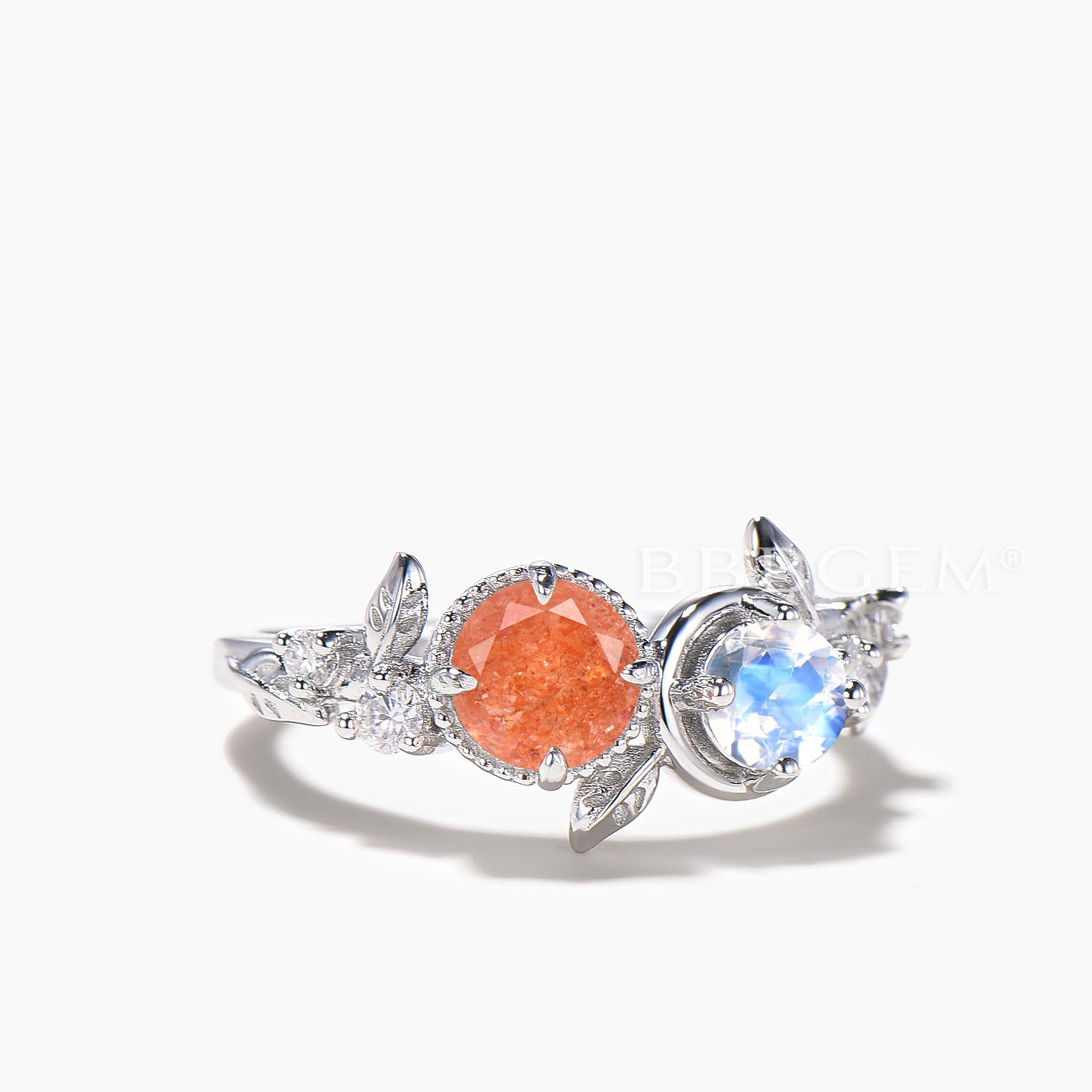 Natural Sunstone & Moonstone Toi et Moi Engagement Ring - Round Cut Leaf Design for Wedding, Promise, Anniversary & Special Occasions