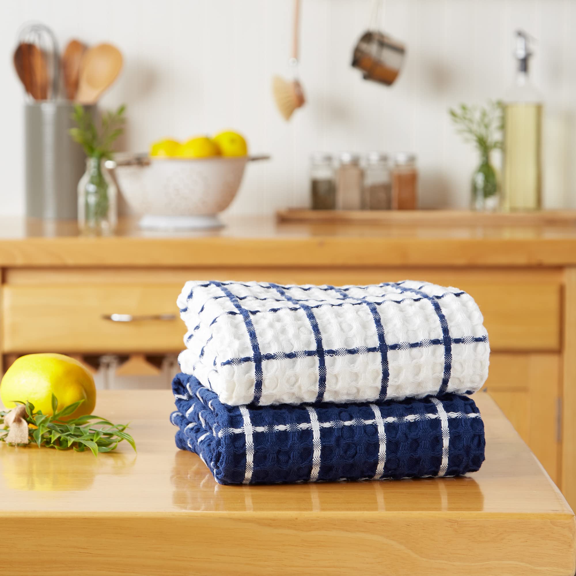 DII Washed Waffle Collection Ultra Absorbent Dish Towel Set - 2 Pack Oversized 20x30 Inch Preshrunk Kitchen Towels in Nautical Blue - Perfect for Drying Dishes, Cleaning Countertops & Coastal Kitchen Decor
