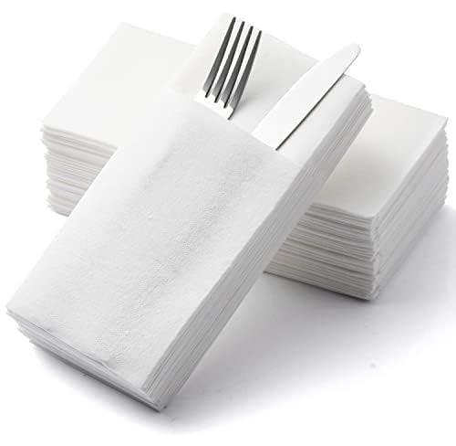 MORGIANA 50 PCS Disposable White Pocket Napkins with Built-in Flatware Pocket - Linen Feel, 1/6 Folded Guest Towels Serviettes for Christmas, Wedding, Party, Dinner & Special Events