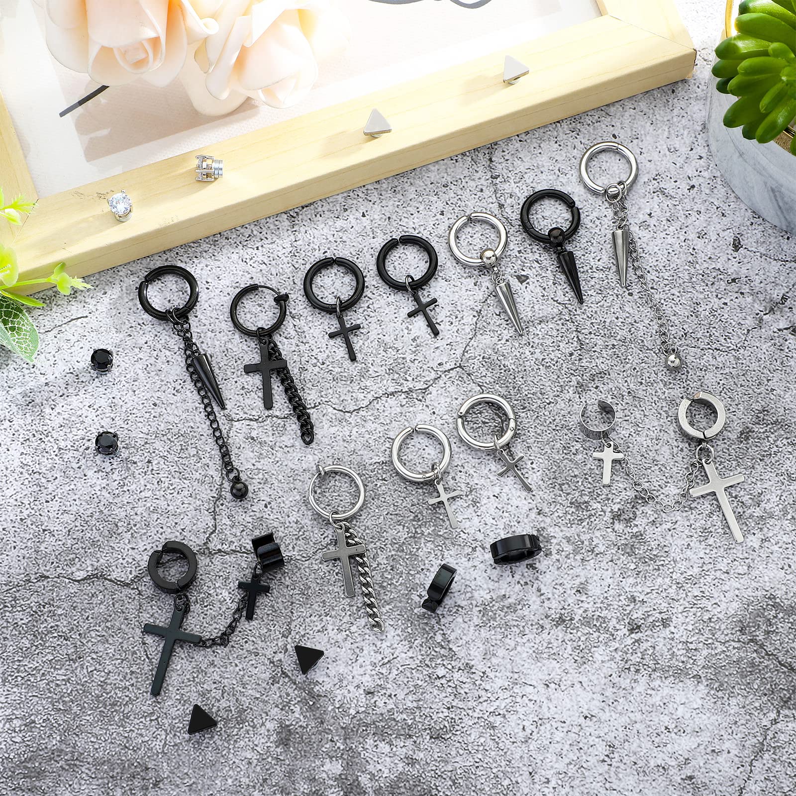 NEWITIN 15 Pairs Magnetic Stud Earrings Set - Stainless Steel Clip-On Earrings for Men & Women - CZ Cross & Hoop Dangle Earrings - Perfect for Gifts, Parties & Everyday Wear