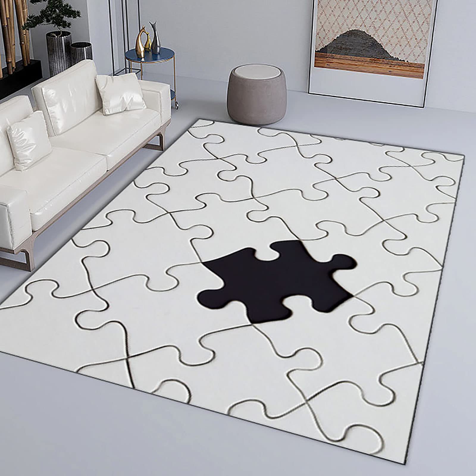 Black and White Minimalist Card Puzzle Area Rug - Non-Slip, Breathable & Durable 5x6ft - Perfect for Living Room, Office, Bedroom or Entryway - Soft Comfortable Home Decor for Modern Spaces