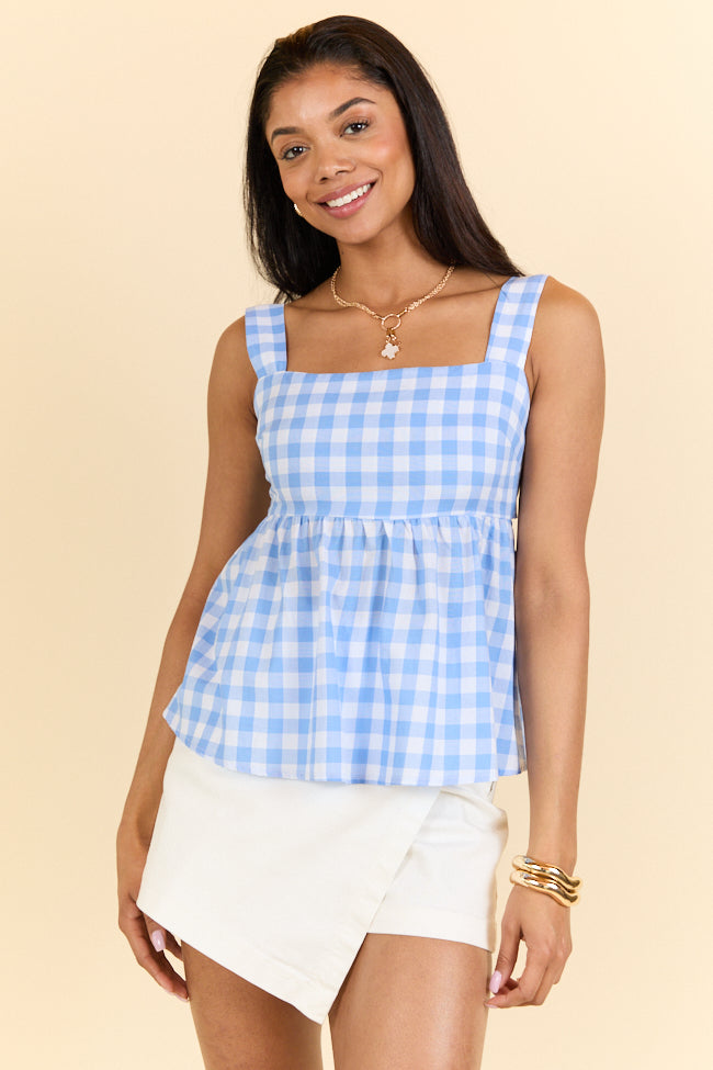 Moonlit Blue Gingham Tie Sleeve Tank Top for Women | Summer Casual Blouse | Perfect for Beach Outings, Picnics & Date Nights