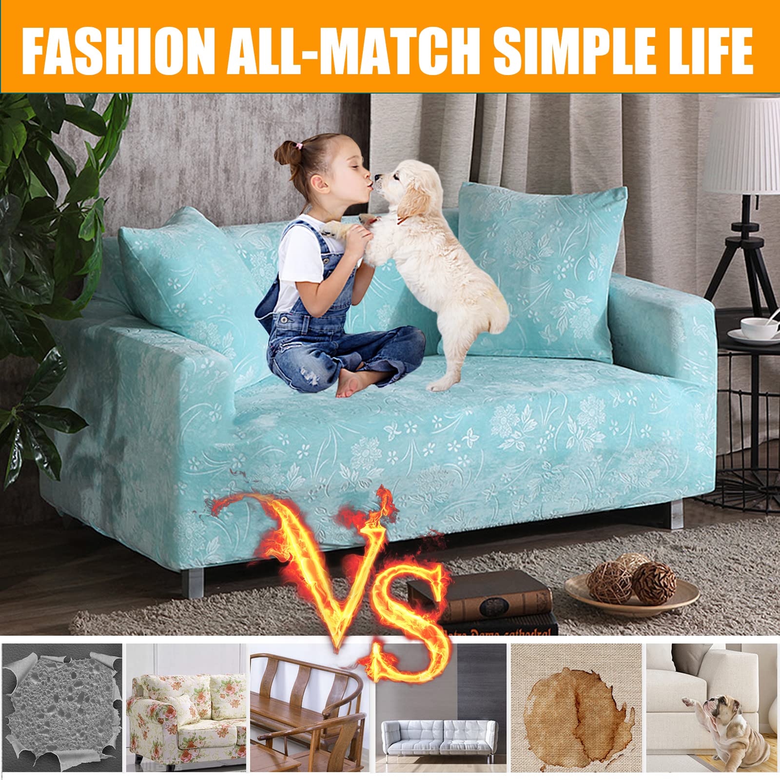 Stretch Jacquard Damask Sofa Slipcover - 1 Piece Form-Fit Couch Cover for 1/2/3/4 Cushion Sofas - Anti-Slip Polyester Spandex Fabric - Machine Washable (3-Seater) - Perfect for Living Room, Family Room & Home Decor Protection