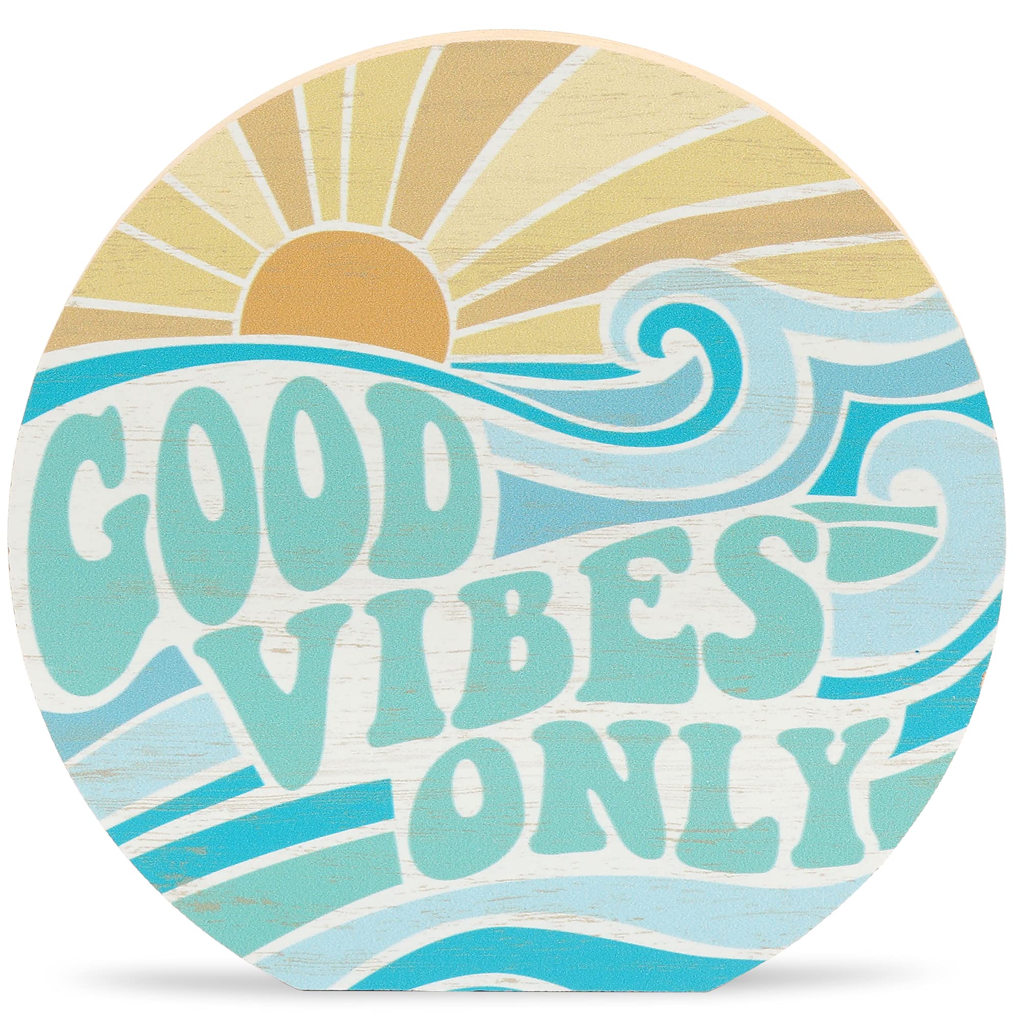 Good Vibes Only Chunky Wood Block Sign - Retro Beach Themed Home Decor - Wall Hanging or Tabletop Display for Bedroom, Office, Living Room & Beach House