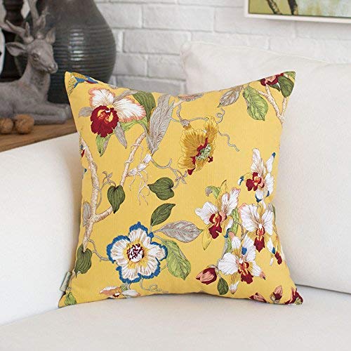 TAOSON Spring Yellow Floral Bird Tree Design Soft Cotton Decorative Throw Pillow Cover - 18x18 Inch (45x45cm) with Hidden Zipper | Home Decor for Living Room, Bedroom & Sofa