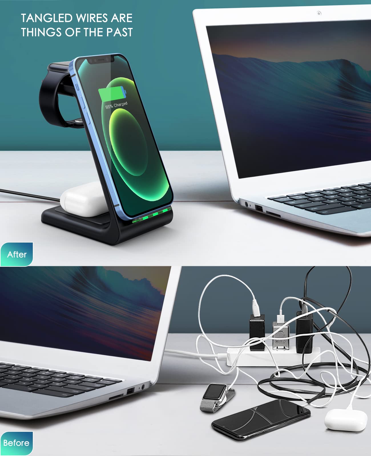 3-in-1 Fast Wireless Charging Station for iPhone 15/14/13/12/11 Pro Max/X/Xs/8/8 Plus, AirPods Pro/3/2 & Apple Watch Series 9/8/7/6/5/SE/4/3/2 - Sleek Black Charging Stand for Bedside, Office & Travel Use
