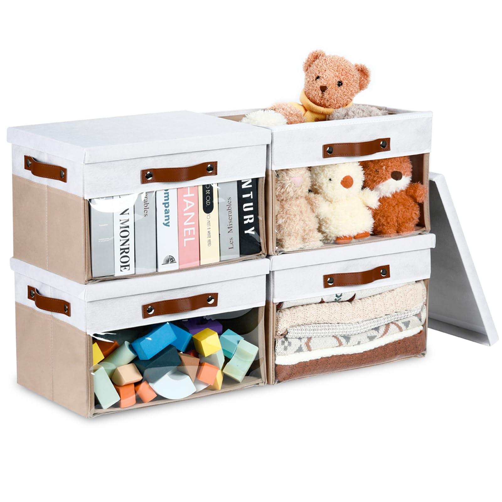 Bidtakay 4-Pack Collapsible Storage Bins with Lids & Clear Windows - 15 x 11 Inch Fabric Closet Organizer with Handles, Foldable Storage Baskets for Shelves, Clothes, Toys & Home Organization (White/Beige) - Perfect for Bedroom, Closet, Nursery & Office Storage Solutions