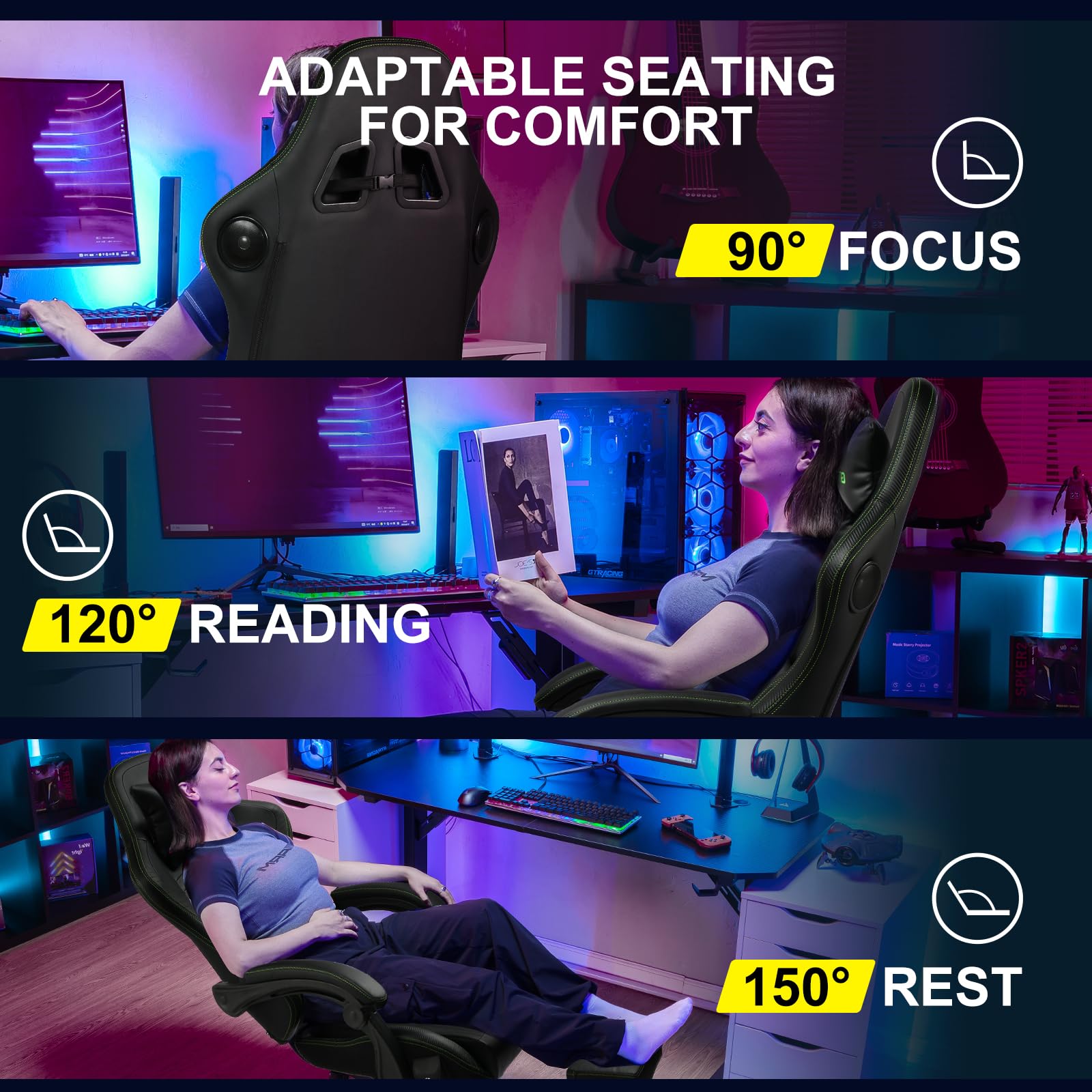 GTPLAYER Ergonomic Gaming Chair - High Back Racing Style Computer Desk Chair with Adjustable Lumbar Support (PU Leather, Green) - Perfect for PC Gaming, Office Work & Home Study