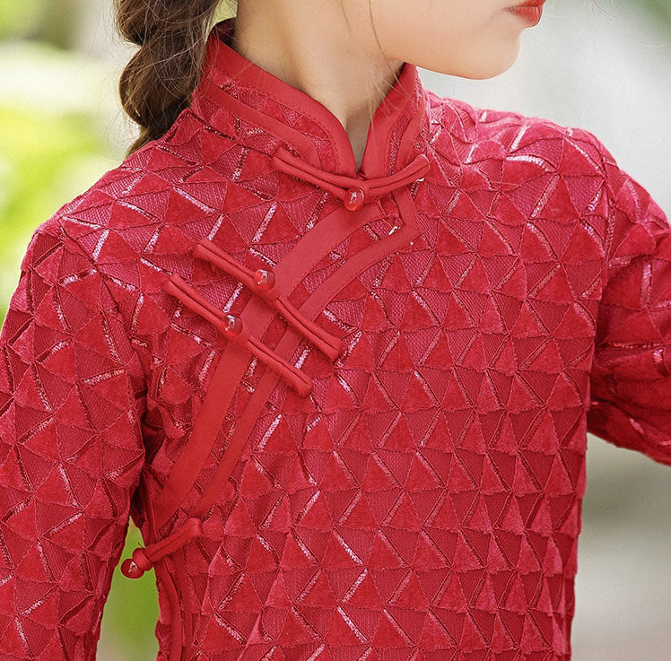 Red Grid Kids Girls Qipao Cheongsam Dress - Traditional Chinese Dress for Girls, Elegant & Comfortable - Perfect for Chinese New Year, Parties & Cultural Events