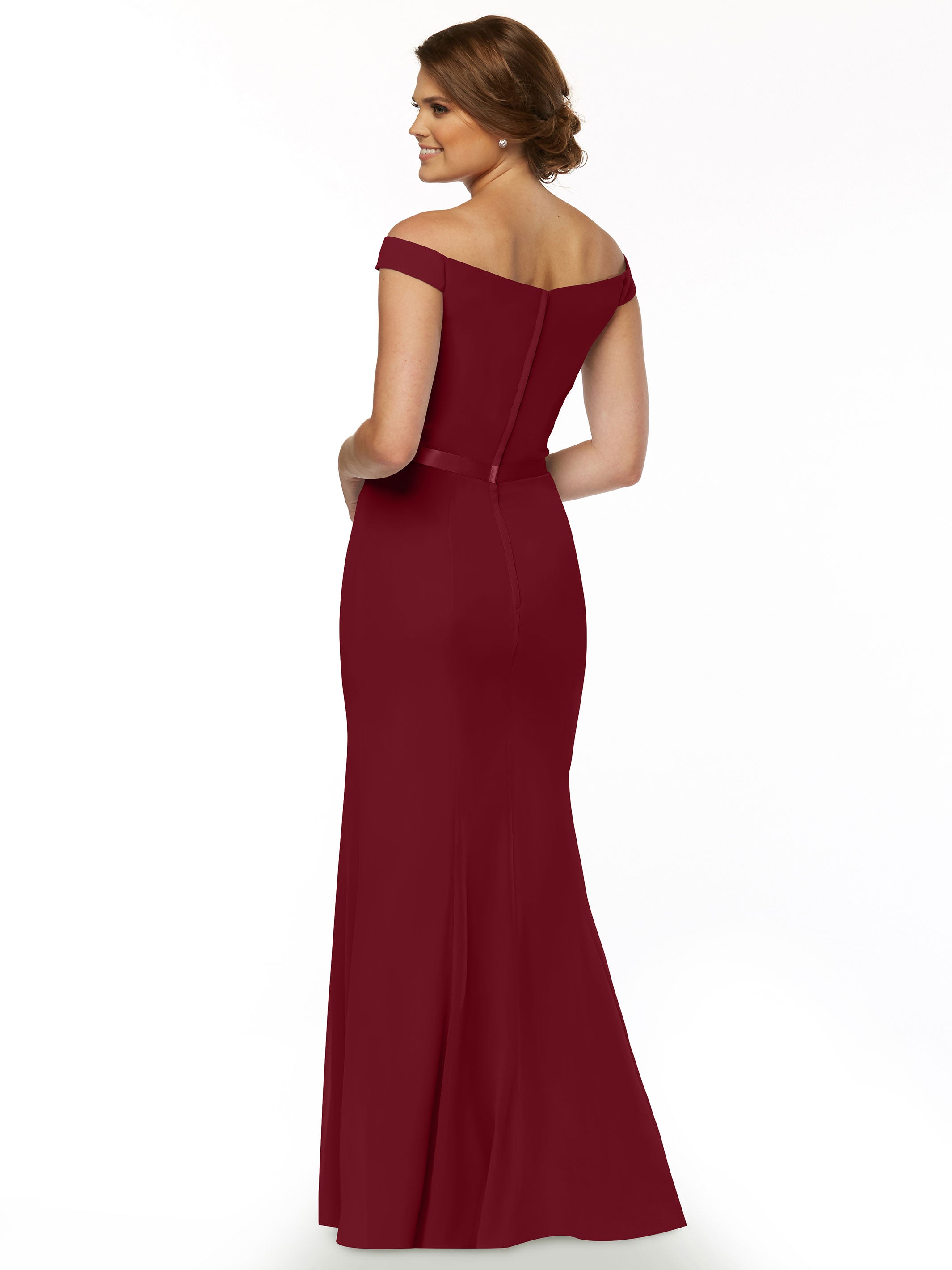 Elegant Off-the-Shoulder Chiffon Bridesmaid Dress with Ribbon Belt - Flattering Fit & Flare Design for Weddings, Parties & Special Occasions