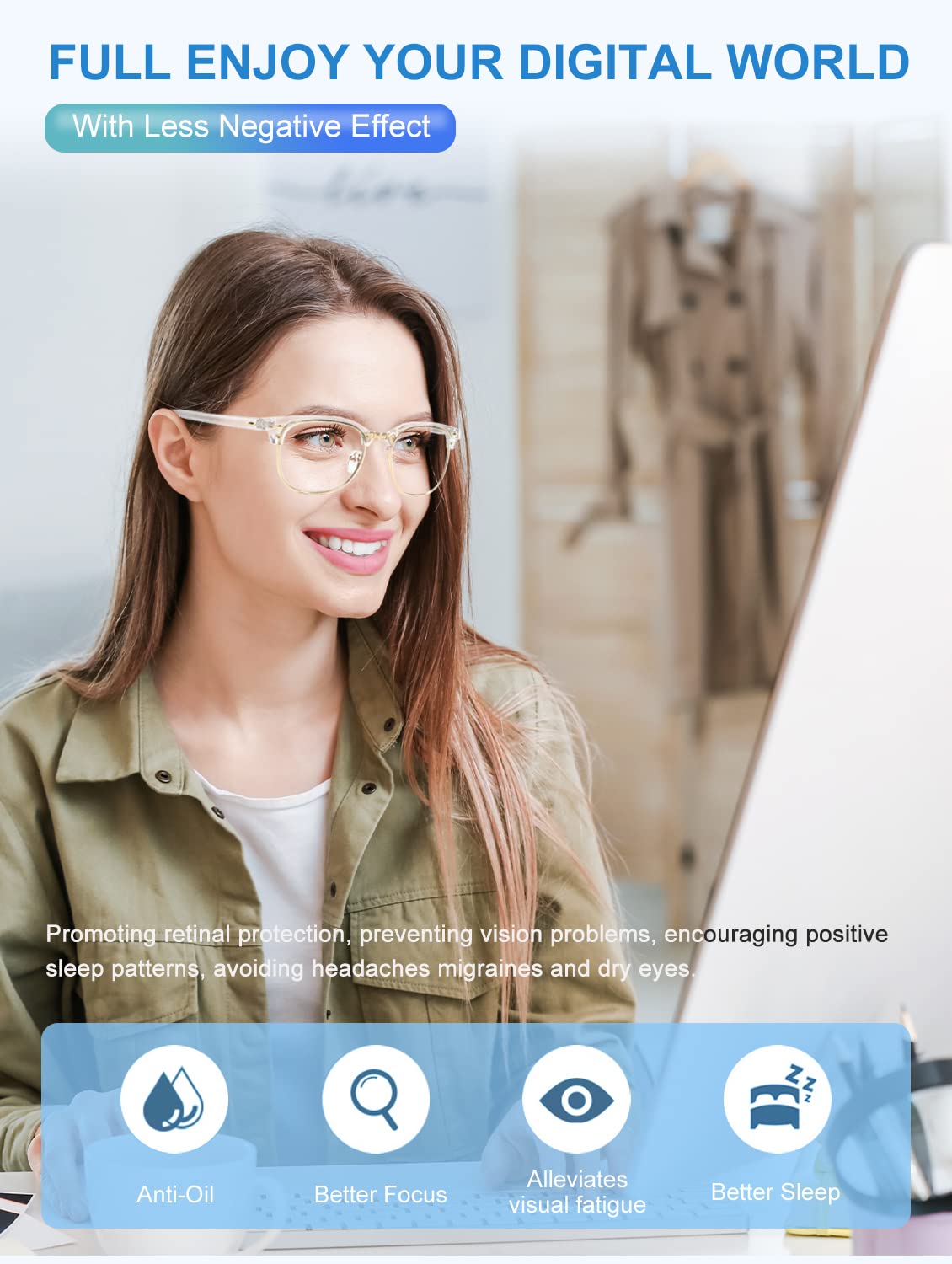 Blue Light Blocking Glasses for Women & Men - Anti Eye Strain Computer Glasses, Gaming Glasses with UV Protection - Lightweight Semi-Rimless Design for Office Work, Online Classes & Nighttime Screen Use