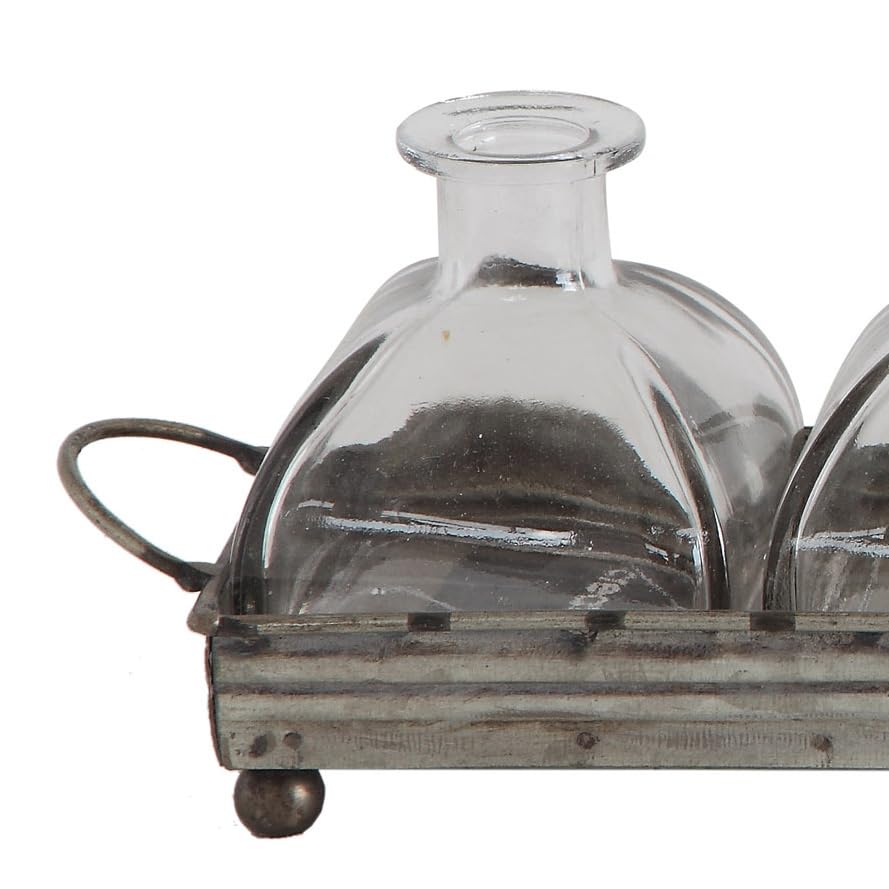 Decorative Iron Rectangle Serving Tray with Handles & 5 Glass Vases - Perfect for Dining Table Centerpiece, Wedding Decor, and Home Organization