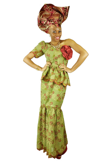 Elegant Olive Green & Burgundy Monochrome Sleeve Lace Top and Skirt Set - Perfect for Weddings, Parties & Special Occasions