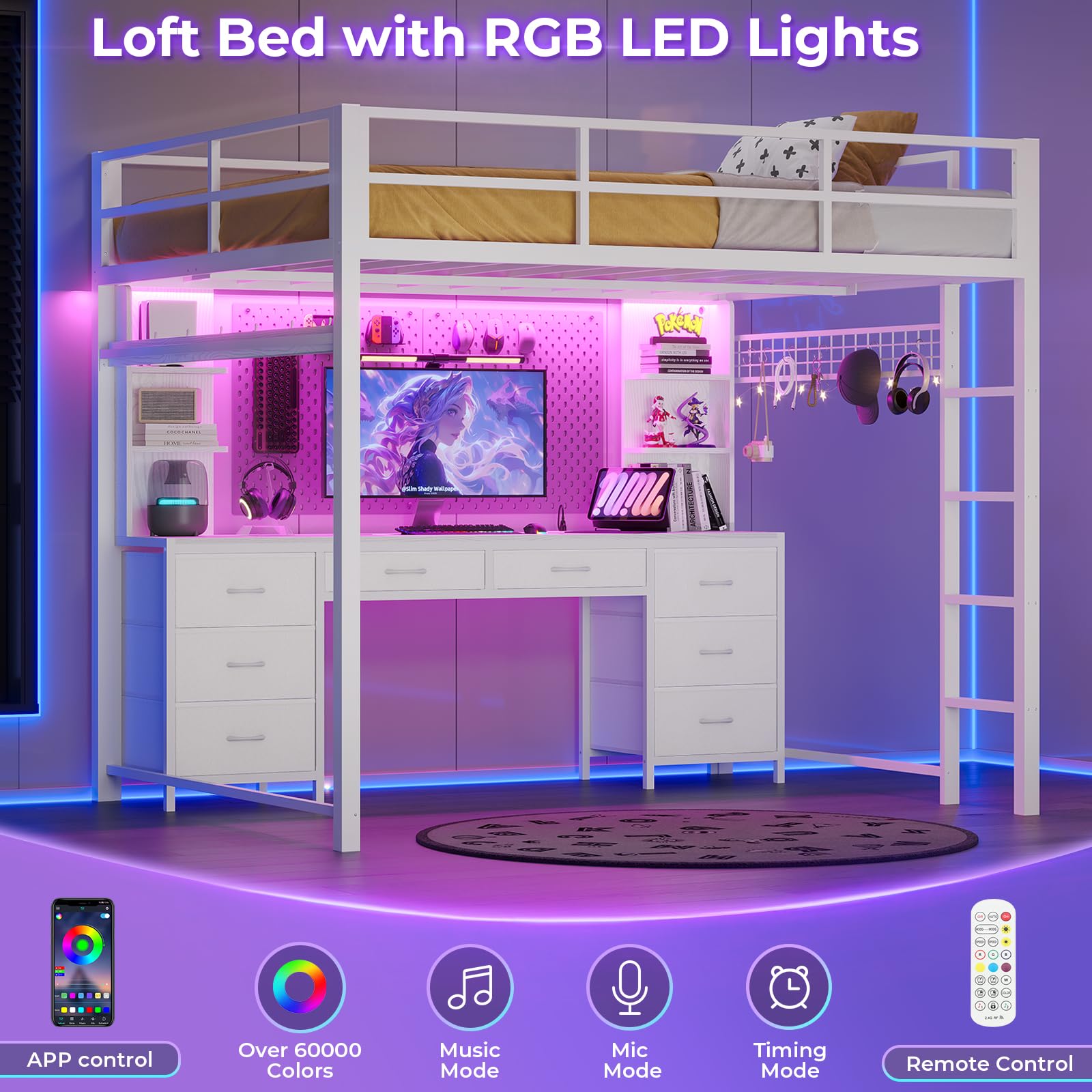Full Metal Loft Bed with Desk & Storage - 8 Drawers, Charging Station, LED Lights & 4 Open Shelves | Noise-Free, Space-Saving Design | Perfect for Small Apartments, Dorm Rooms & Home Offices | No Box Spring Needed