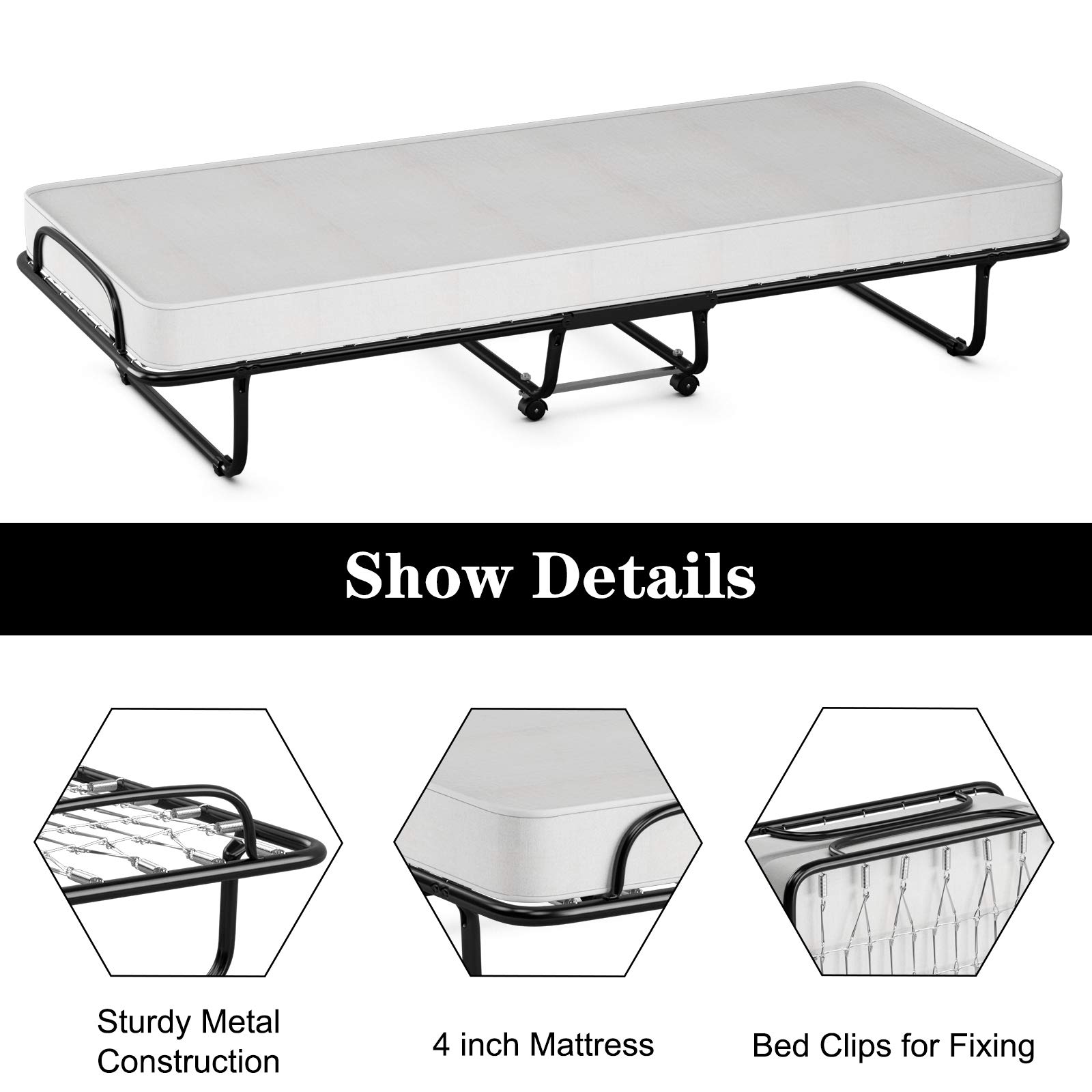 GOFLAME Folding Bed with Memory Foam Mattress - Portable Twin Size Bed with Sturdy Metal Frame & Wheels for Adults & Kids - Space-Saving Guest Bed for Home, Office & Travel - Made in Italy - Perfect for Sleepovers, Camping & Small Spaces