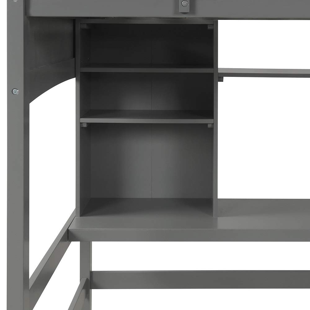 MERITLINE Twin Size Wood Loft Bed with Study Desk & Angled Ladder - Natural Grey Finish for Kids & Teens | Space-Saving Bedroom Furniture for Small Rooms & Dorm Living