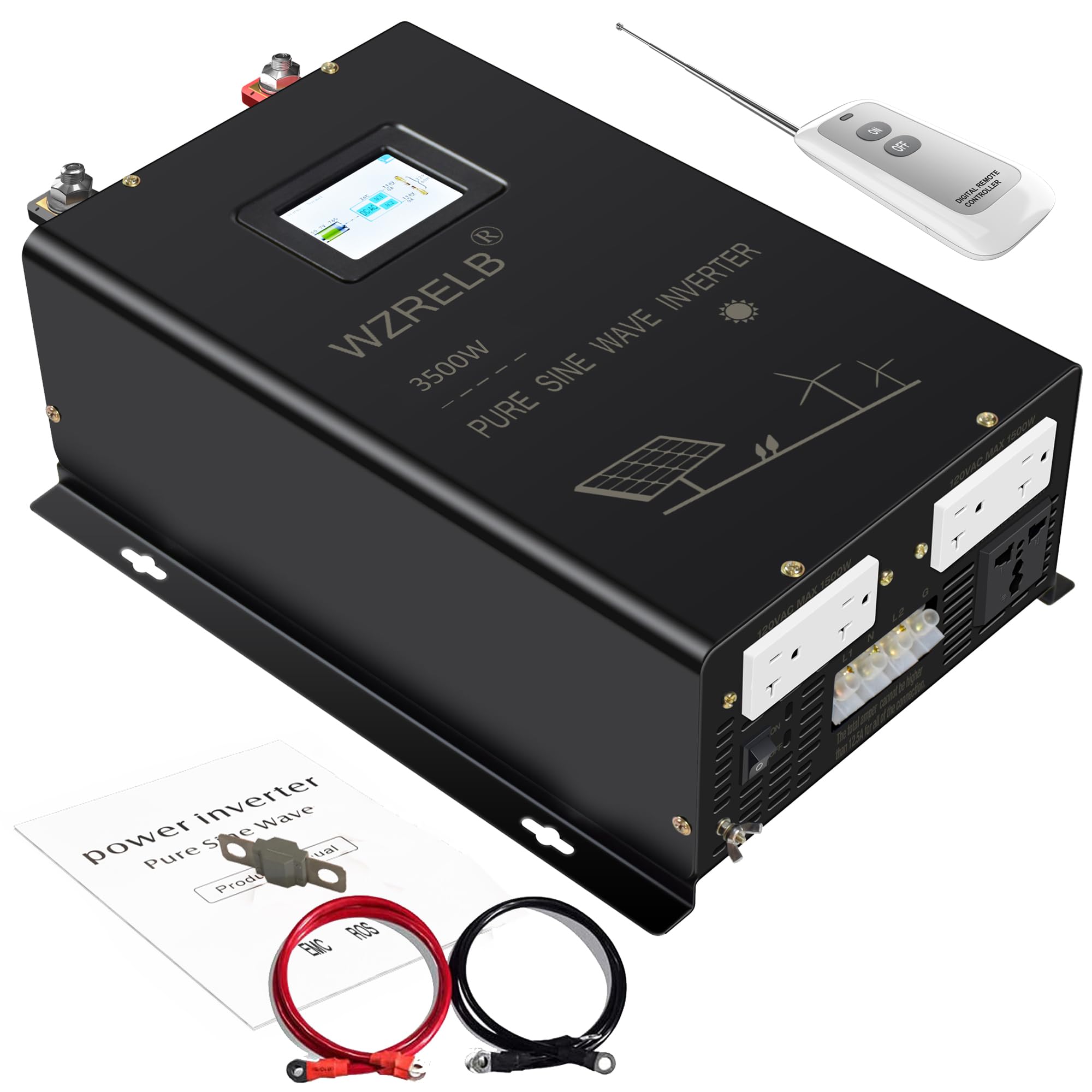 WZRELB 3500W 48V Pure Sine Wave Power Inverter | 48V DC to 120V/240V AC Split Phase Converter | 7000W Surge | 5 Outlets + Hardwire Terminal | 91.6% High Efficiency | Wireless Remote Control | for RVs, Solar Systems & Off-Grid Power