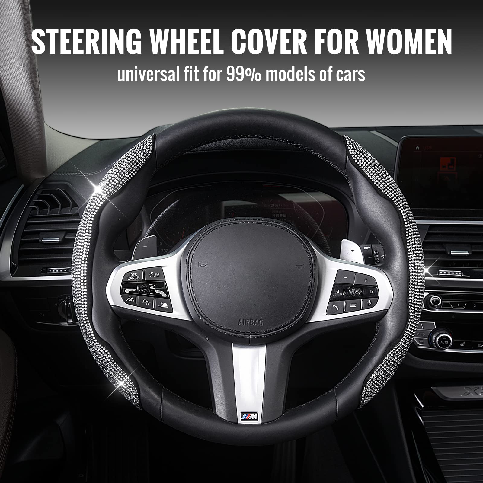 TOYOUN Diamond Steering Wheel Cover with Bling Crystal Rhinestones - 2PCS Non-Slip Universal Fit for Most Cars - Luxury Sparkling Car Accessories for Women (Black) | Perfect for Daily Commute & Gift Giving
