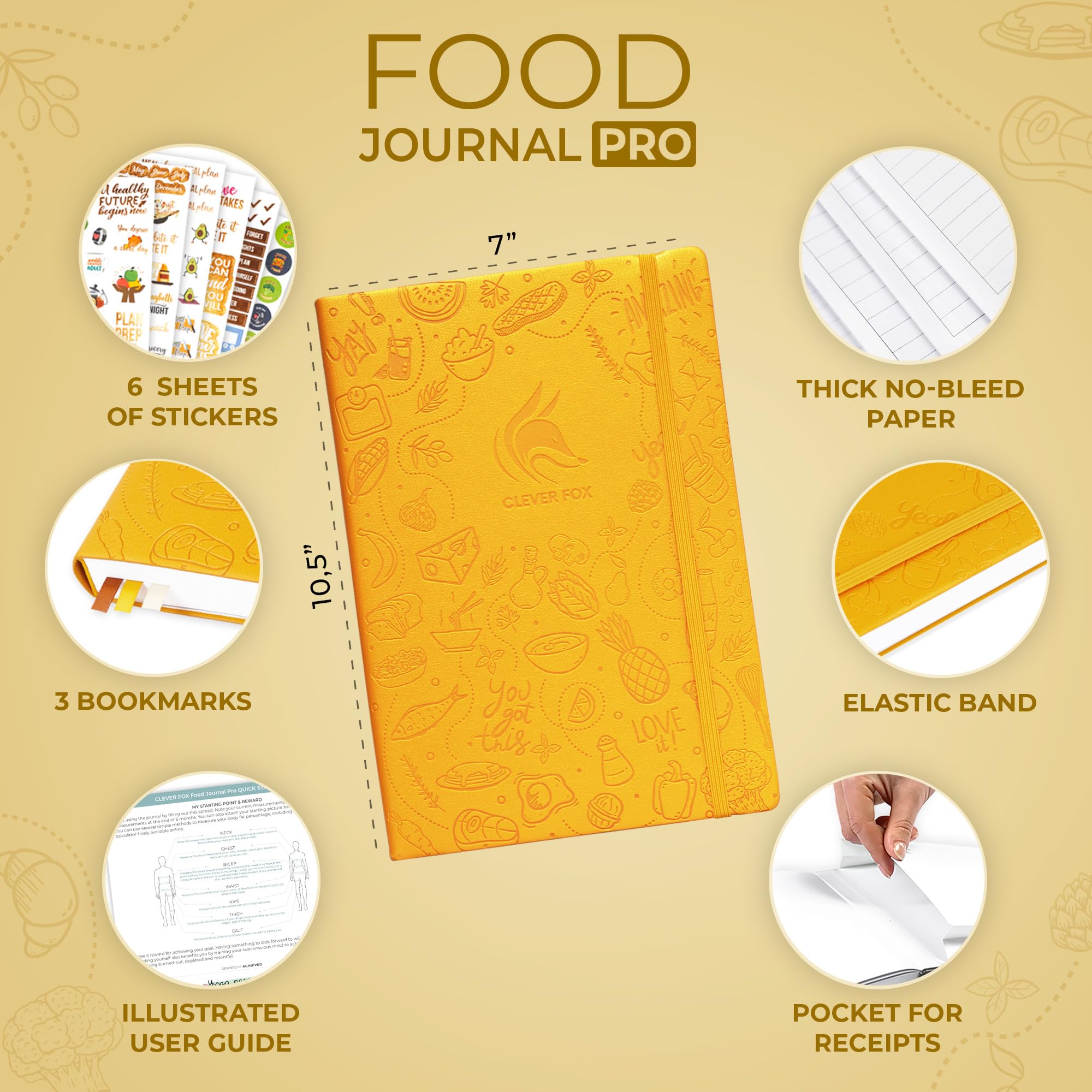 Clever Fox Food Journal Pro – Diet & Wellness Planner for Weight Loss Tracking – Calorie Counter & Meal Log for Women & Men – Undated 7x10 Inch Fitness Diary – Perfect for Meal Planning, Gym Workouts & Healthy Lifestyle (Amber Yellow)