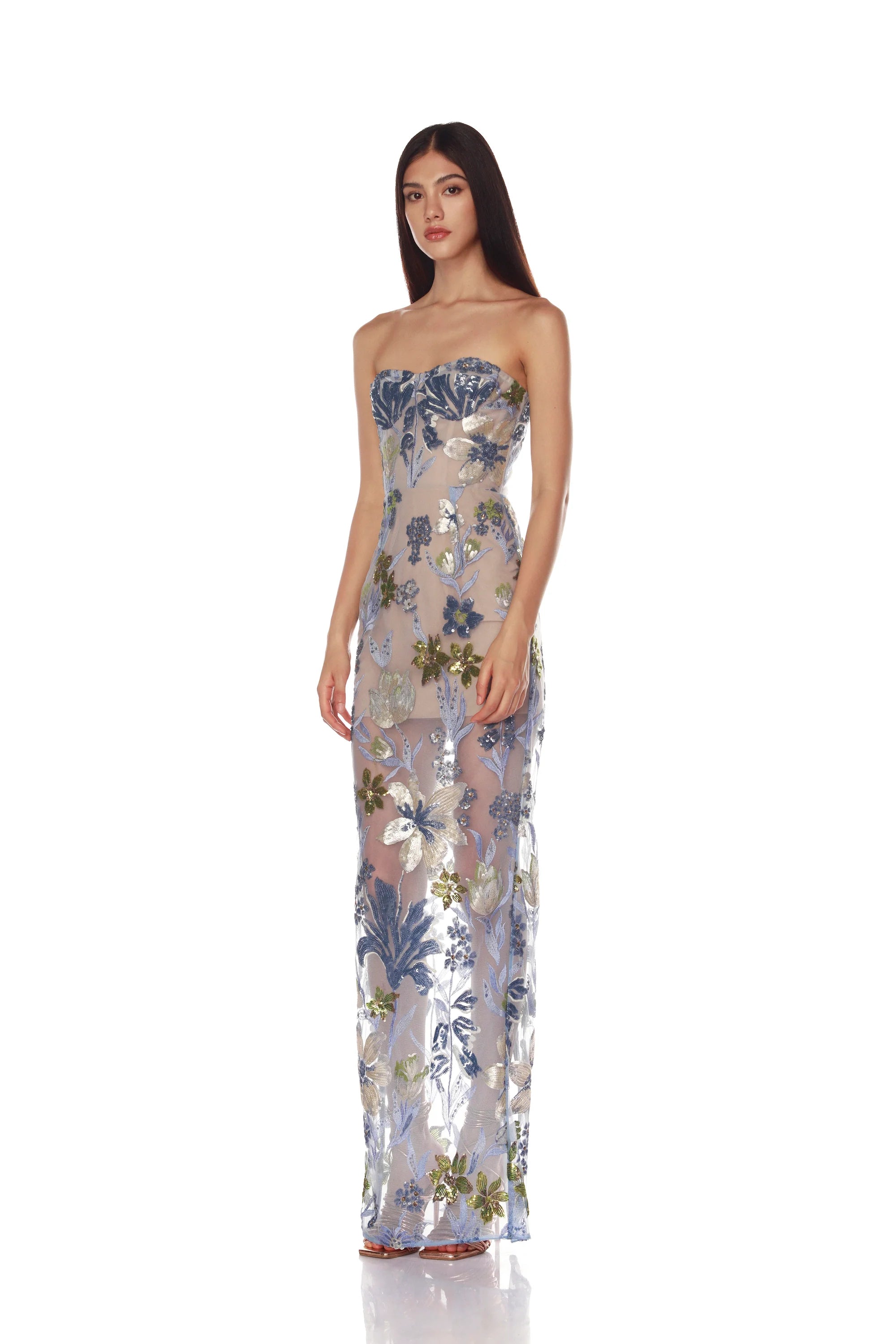 Elegant Baby Blue Dahlia Maxi Dress for Women - Floral Print Summer Dress for Beach, Wedding & Vacation