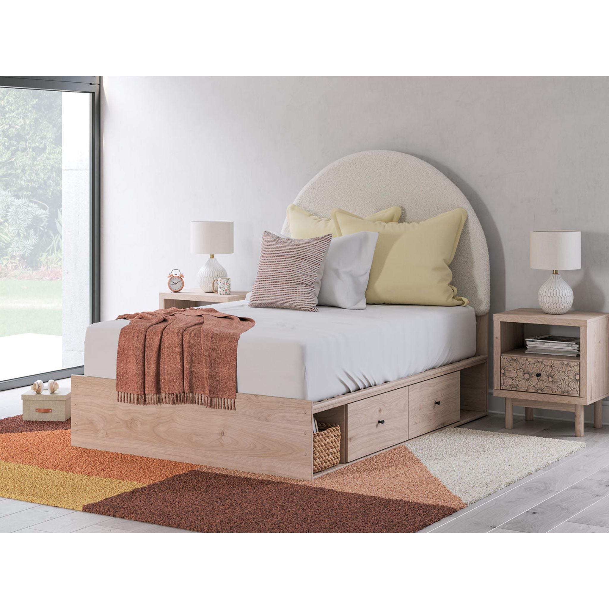 Arloster Modern Platform Bed Frame with 4 Storage Drawers - Tan & White Finish - Perfect for Small Bedrooms & Studio Apartments