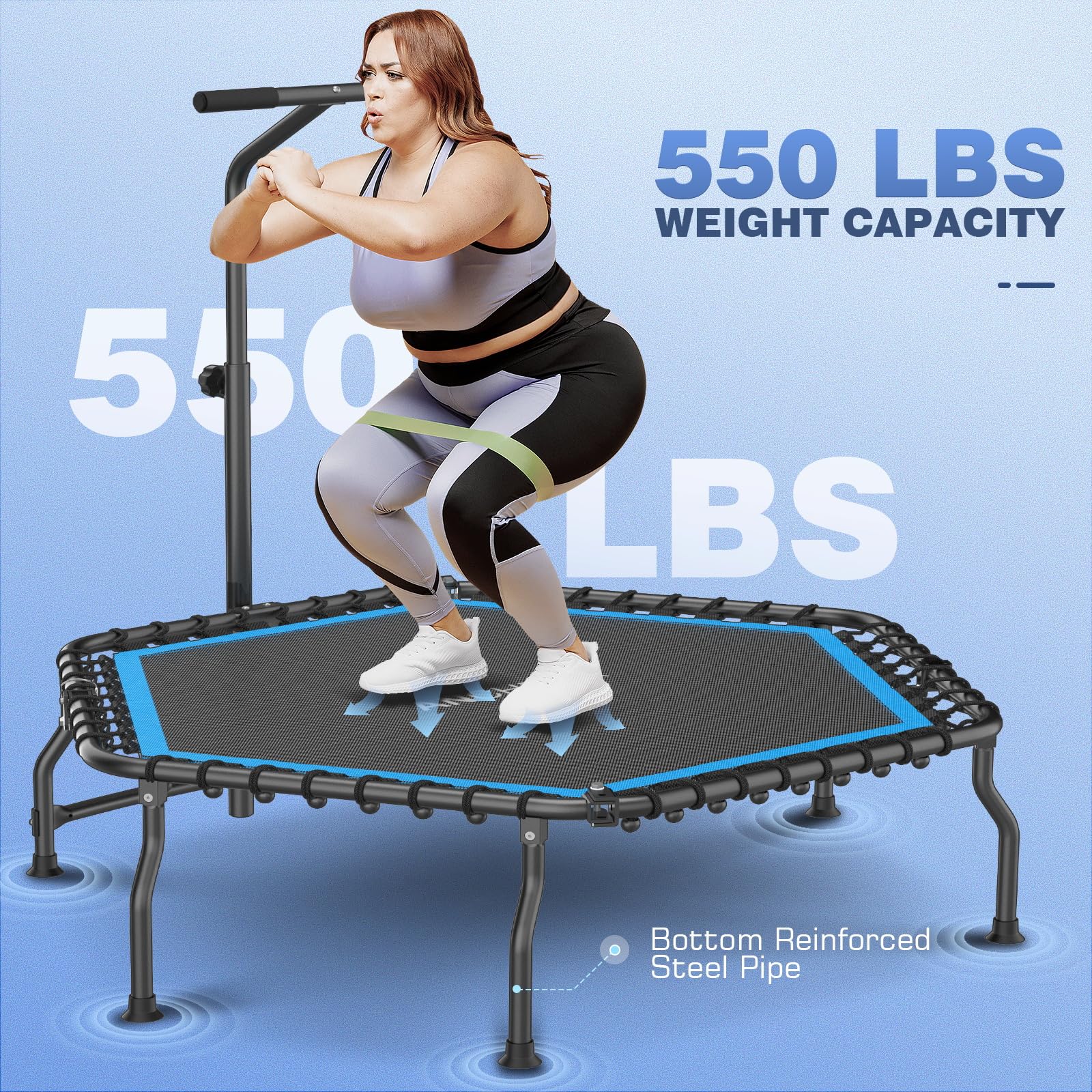 ANCHEER 50 Inch Foldable Rebounder Trampoline with Safety Bar - 450/550lbs Weight Capacity Exercise Trampoline for Adults - Perfect for Indoor Fitness & Outdoor Garden Workouts - Home Gym Equipment for Cardio & Weight Loss