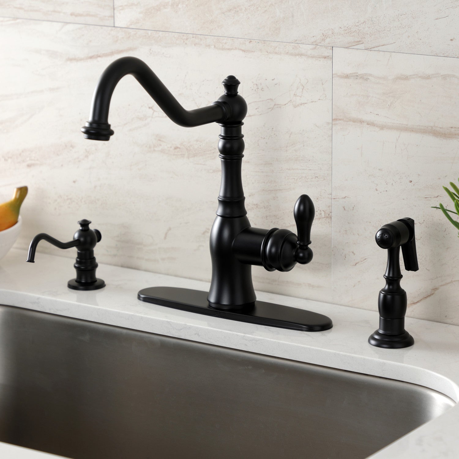 American Classic GSY7700ACLBS Single Handle 2/4 Hole Deck Mount Kitchen Faucet with Brass Side Sprayer in Matte Black - Perfect for Modern Farmhouse & Industrial Style Kitchens