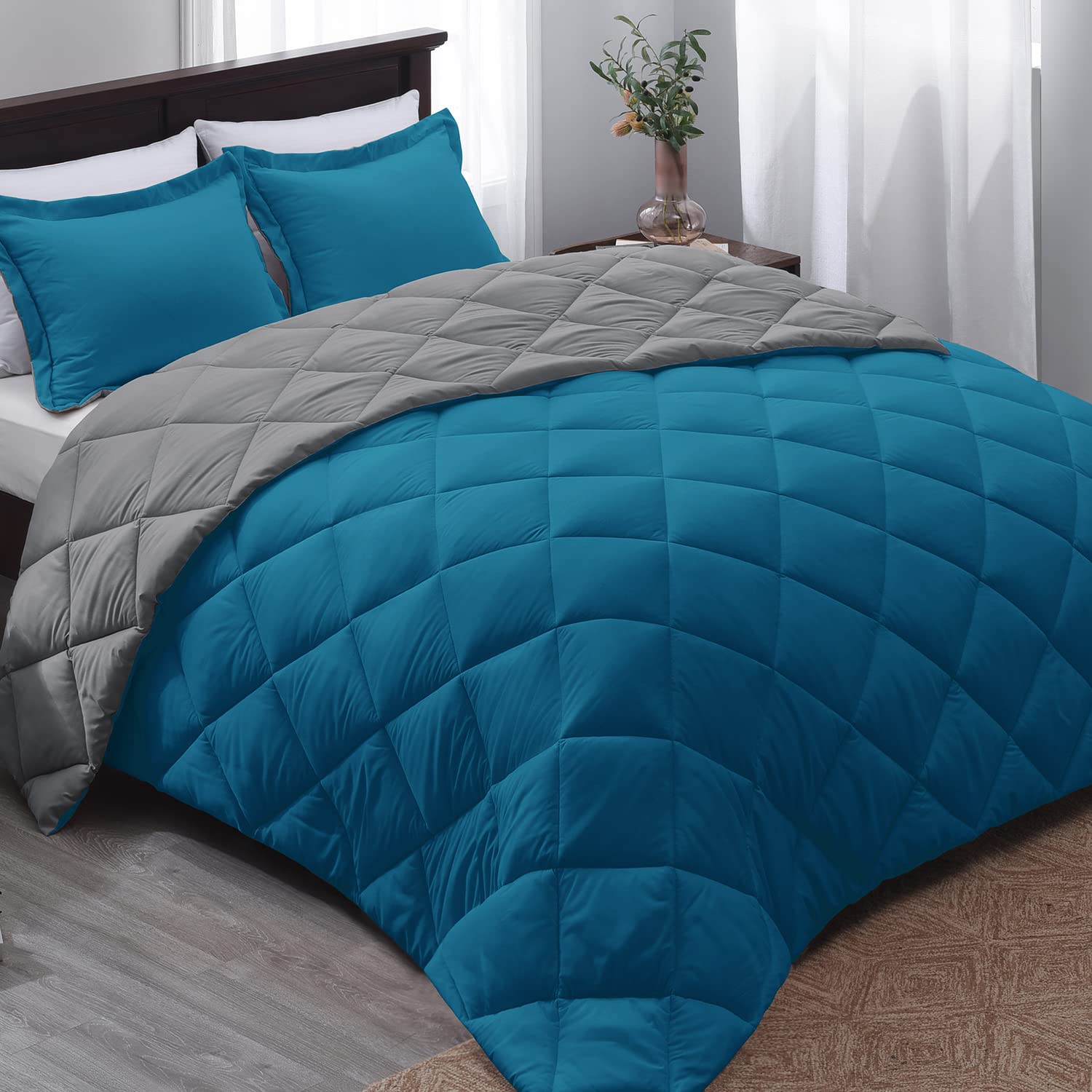 Basic Beyond Twin Comforter Set - Reversible All-Season Blue & Gray Bedding (66