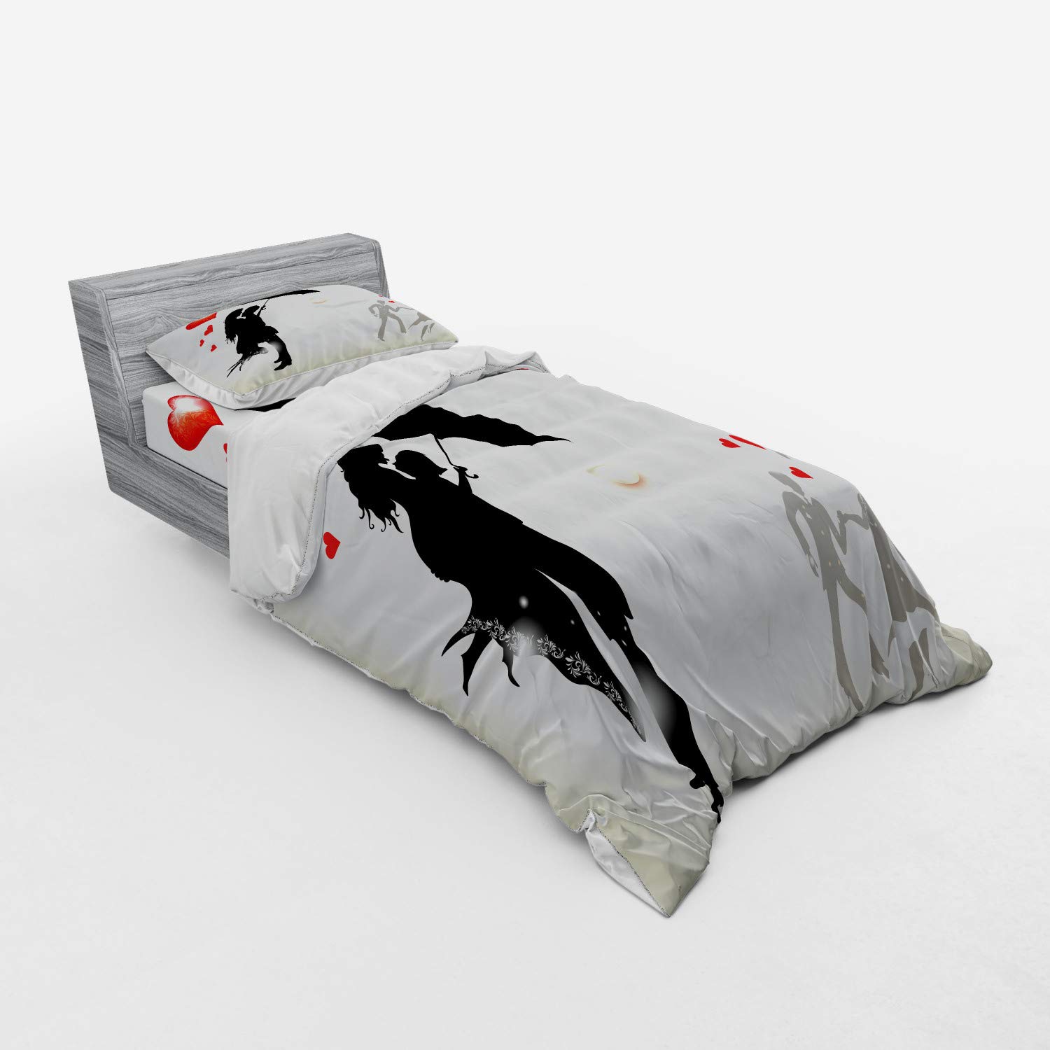 Ambesonne Romantic Wedding Duvet Cover Set - 3 Piece Twin XL Bedding with Sham & Fitted Sheet, Black White Red Heart & Daisy Print - Perfect for Anniversary Gifts, Honeymoon Decor & Couples Bedroom