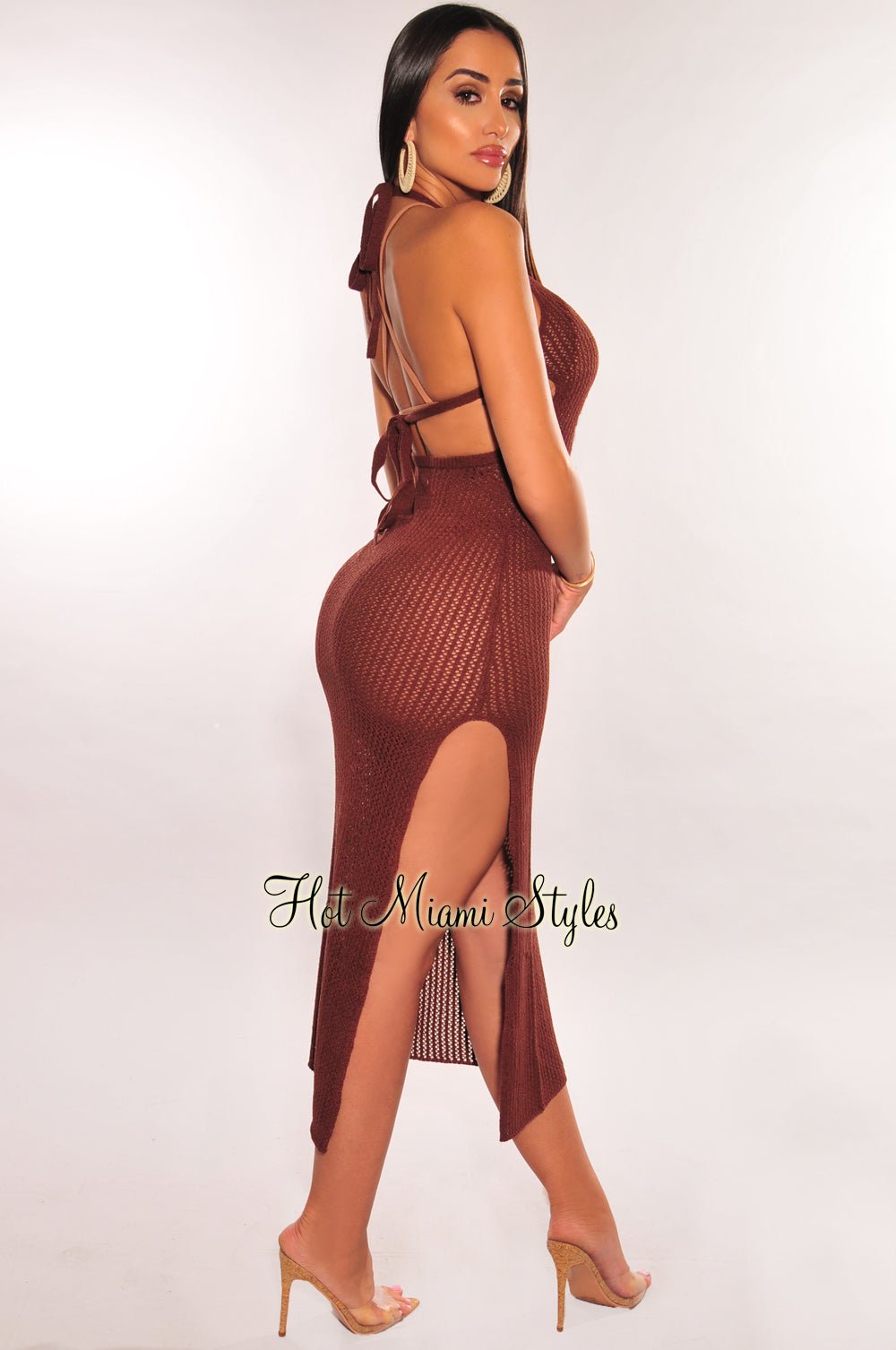 Sexy Chocolate Brown Crochet Halter Tie-Up Back Slit Cover Up Dress - Perfect for Beach, Pool Party & Summer Vacation