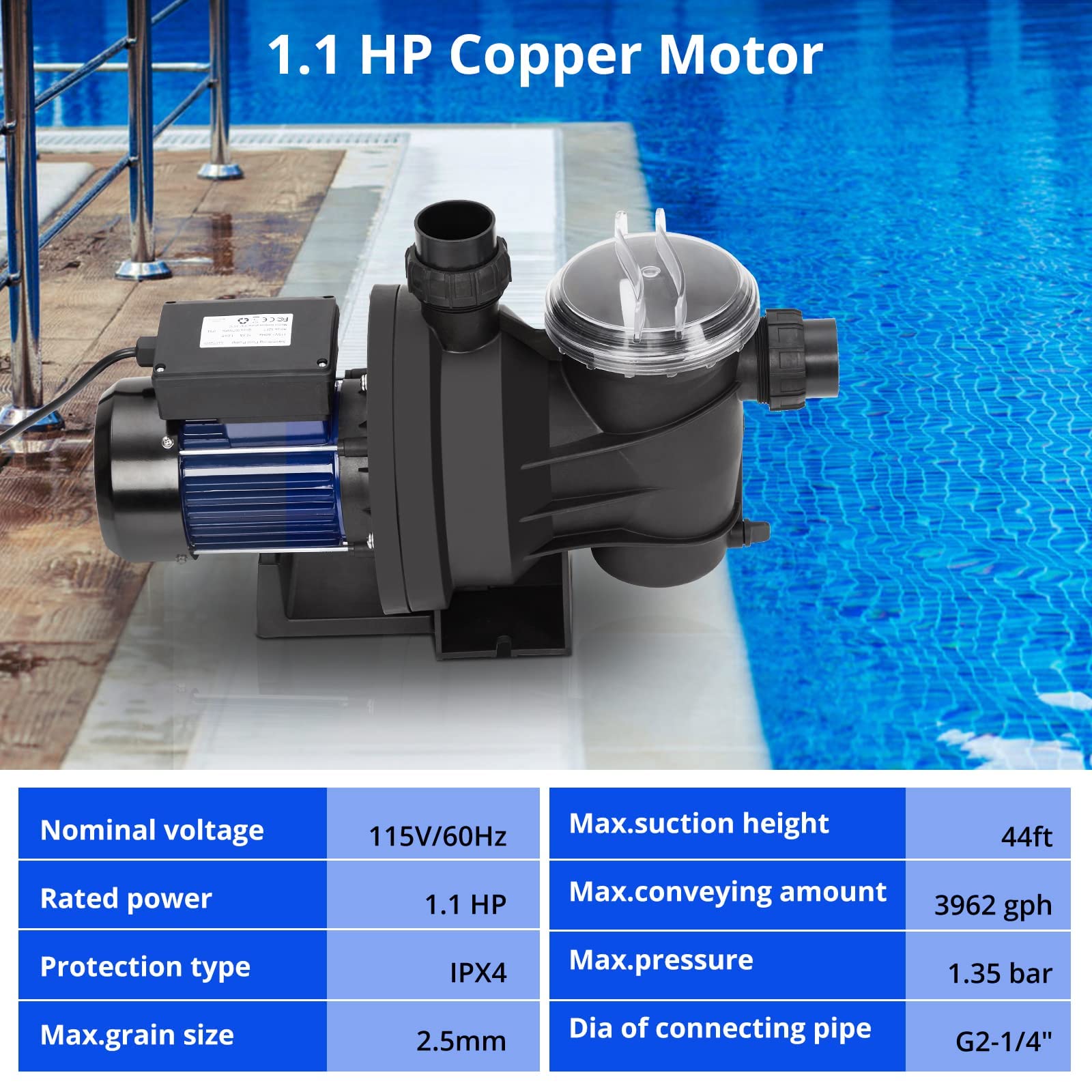 1.1HP In-Ground & Above-Ground Single Speed Pool Pump - 800W/115V, 3962GPH High Flow Swimming Pool Pump with Filter Basket - Self-Priming, Low Noise, Powerful Performance - Ideal for Residential Pools, Spas, and Water Circulation Systems