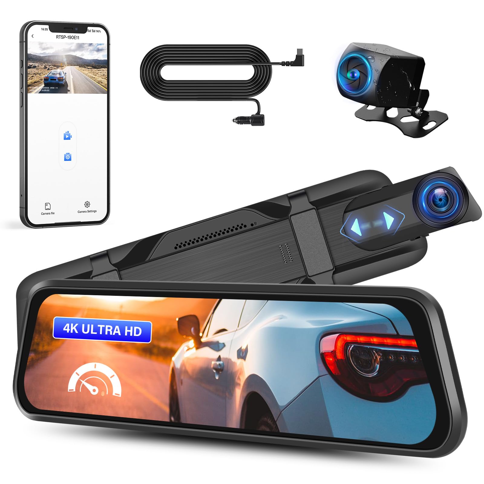 SIXWIN 9.66 Inch 4K Dual Dash Cam Front and Rear - Touch Screen Mirror Camera with WiFi, Blind Spot Detection, App Control & 24H Parking Monitor - Perfect for Safe Driving, Night Vision Recording, and Parking Surveillance
