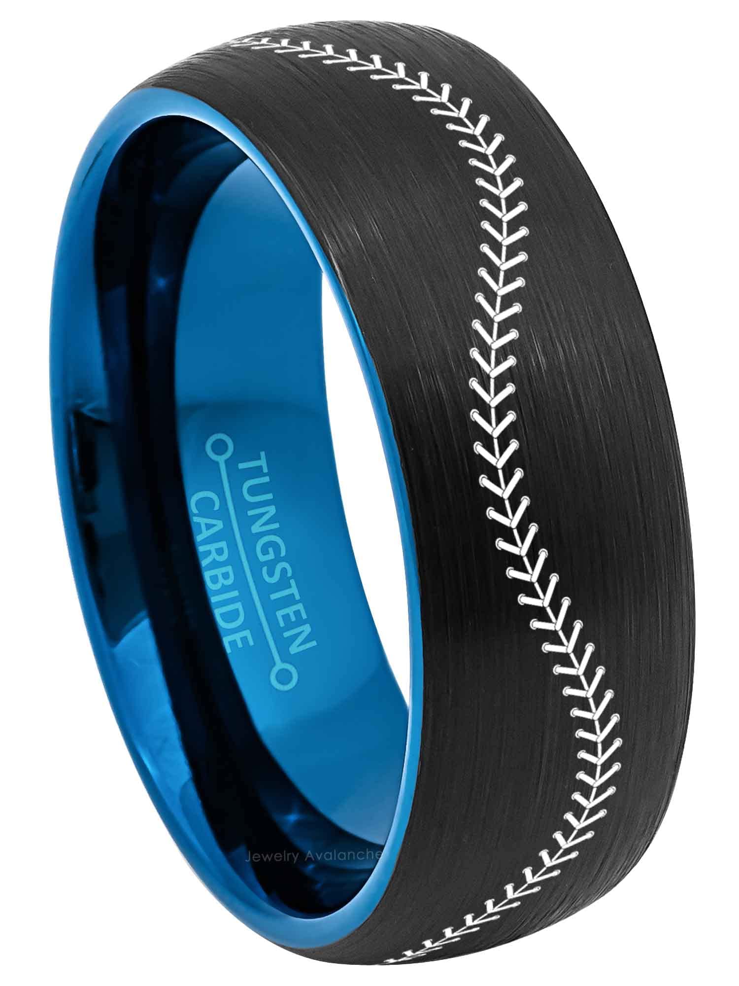 Personalized Baseball Stitch Tungsten Rings for Men & Women - Blue & Black Dome Tungsten Carbide Wedding Bands, Comfort Fit Anniversary Rings - Perfect for Couples, Sports Fans, and Unique Gift Ideas