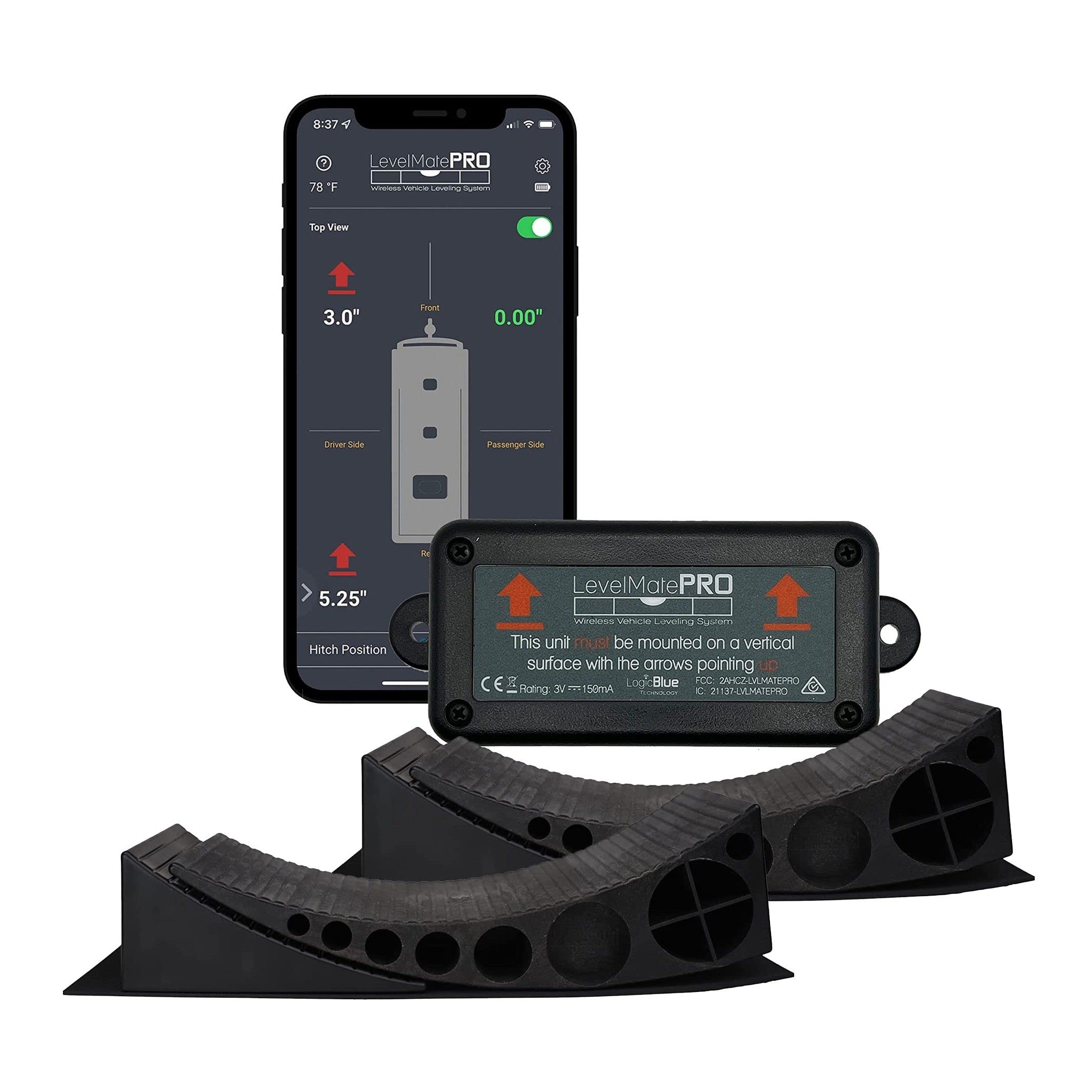 RV Leveling Bundle - LevelMatePRO Wireless Leveling System & Curved Ramps with Wheel Chocks & Non-Slip Grip Mats | Perfect for RV Camping, Travel Trailers & Motorhome Setup | Easy Parking & Stabilization Solution