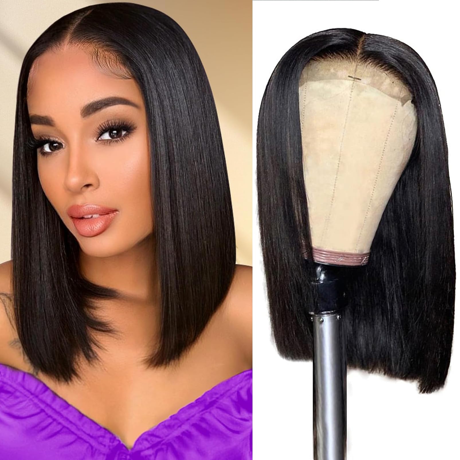 SKYDO 14inch Brazilian Virgin Human Hair Bob Wig - 4x4 Lace Front Wig for Black Women with Pre-Plucked Hairline | 150% Density Straight Lace Closure Wig (Natural Black) | Perfect for Daily Wear, Parties & Special Occasions
