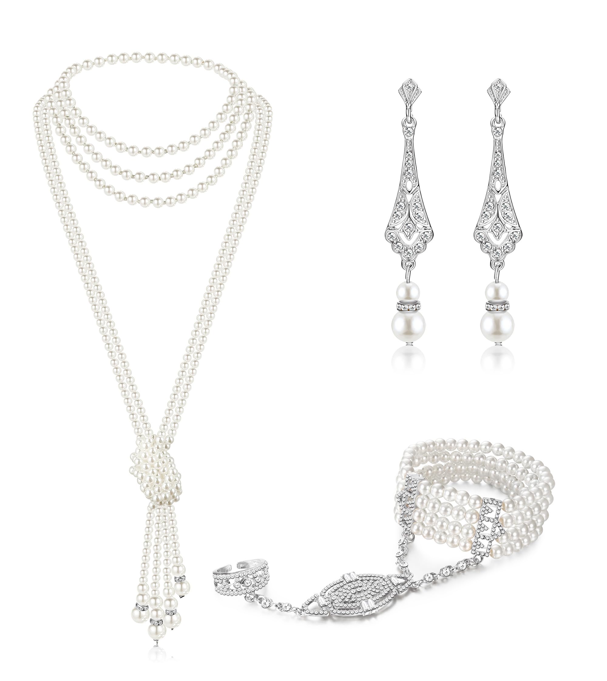 Vintage Pearl Jewelry Set - 6 Pcs 1920s Flapper Necklace, Bracelet, Earrings for Gatsby Party