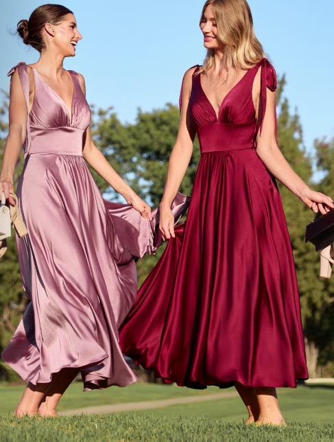 Elegant Burgundy Maggie Midi Dress - Tea Length Soft Satin A-Line Dress for Women | Perfect for Weddings, Cocktail Parties & Special Occasions
