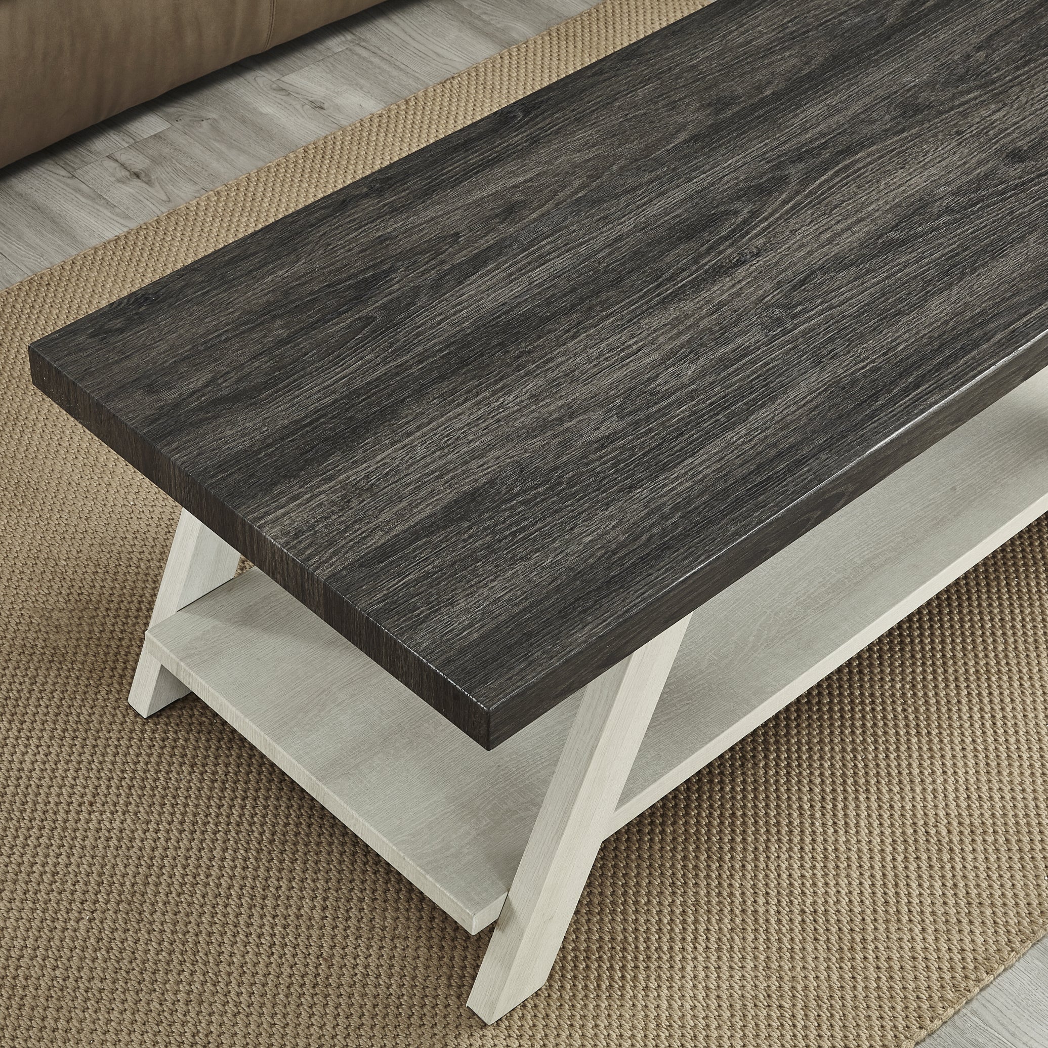 Roundhill Furniture Athens Contemporary Two-Tone Wood Shelf Coffee Table - Weathered Charcoal & Beige Finish - Modern Living Room Centerpiece for Small Spaces & Apartments