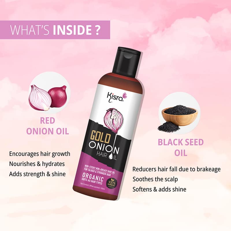 Kisra Gold Organic Onion Hair Oil for Hair Growth - 100% Natural with Black Seed, Red Onion & Coconut Oil - Controls Hair Fall & Promotes Healthy Hair - 100ml (Pack of 1) - Perfect for Daily Hair Care & Scalp Treatment