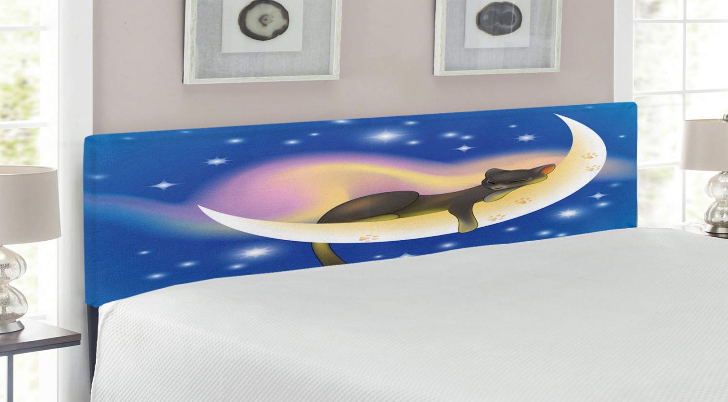 Ambesonne Cat Headboard - King Size Upholstered Metal Bed Frame with Memory Foam, Crescent Moon & Stars Night Dreams Design in Yellow & Blue | Perfect for Cat Lovers' Bedroom Decor & Themed Guest Rooms